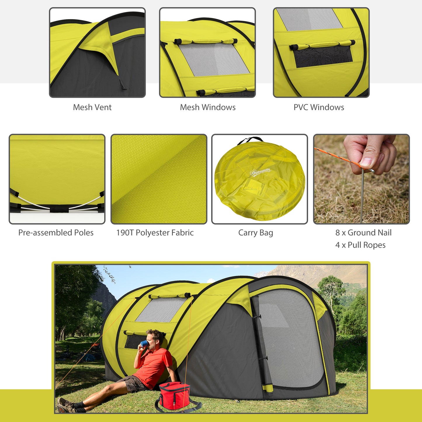 Outsunny 4-5 Person Pop-up Camping Tent Family Tent w/ 2 Mesh Windows & PVC Windows Portable Carry Bag for Outdoor Trip