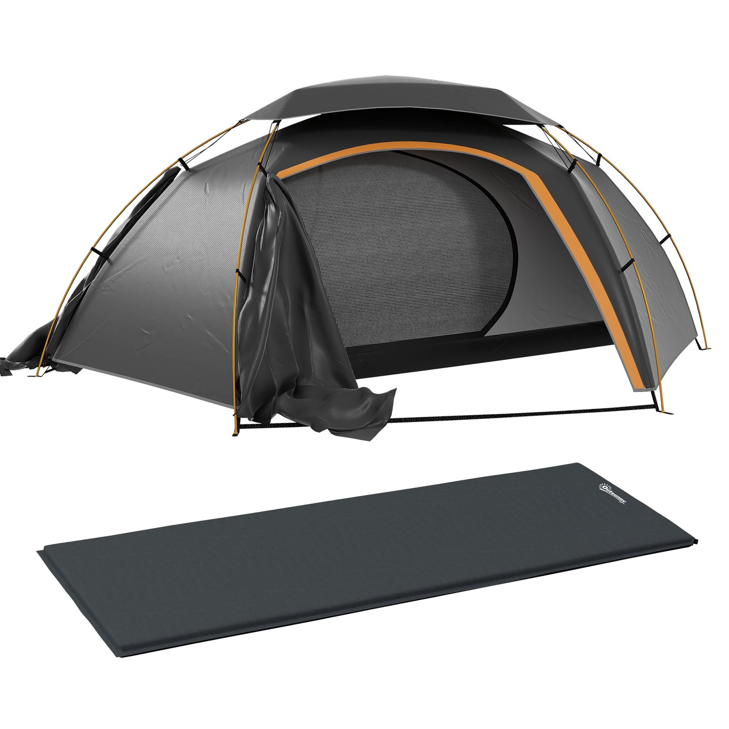Outsunny Camping Tent with Self Inflatable Mattress, 1 Person Dome Tent with Removable Rainfly and Aluminium Frame, 2000mm Waterproof, Portable with Bags, for Fishing Hiking, Dark Grey/Grey