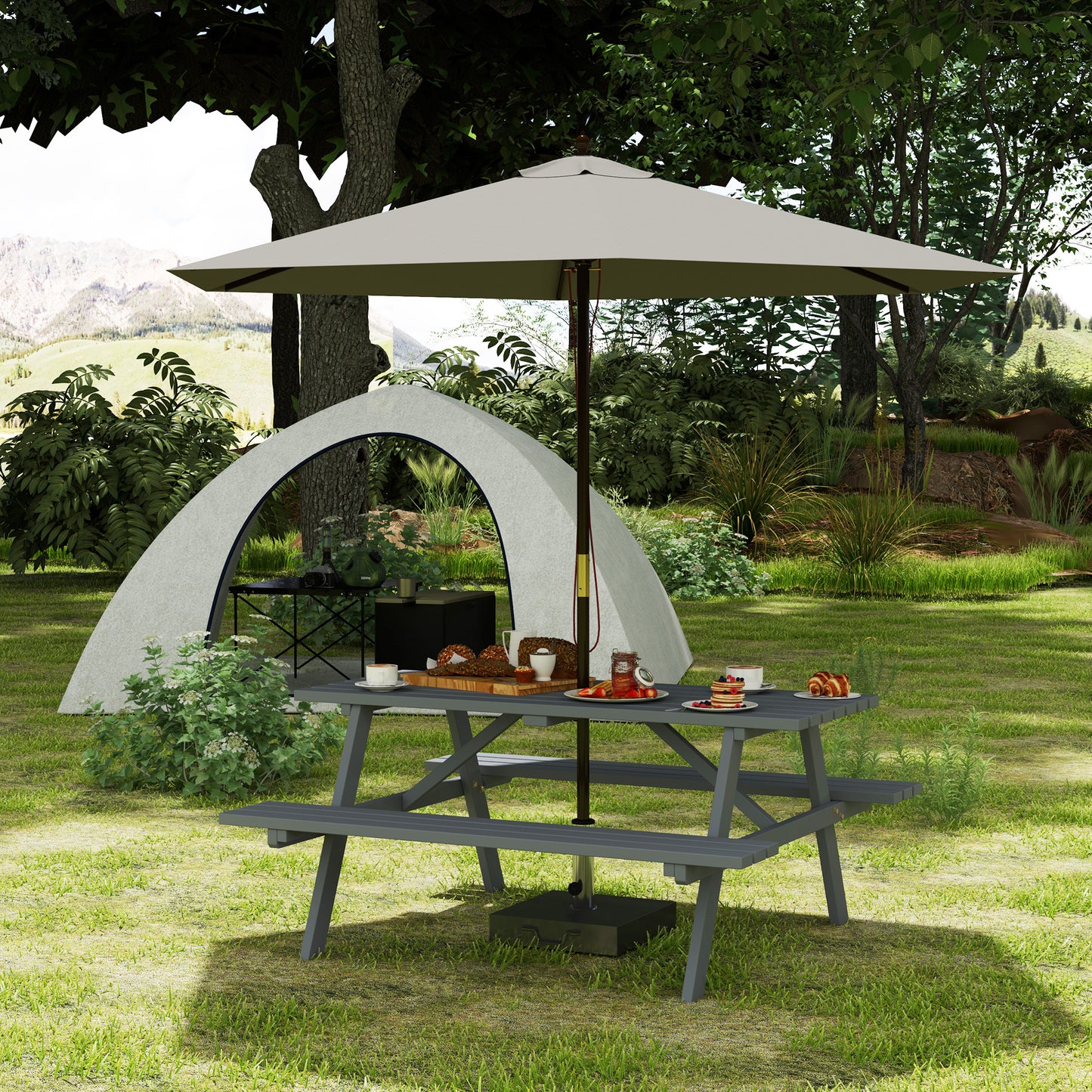 Outsunny 6 Seater Wooden Picnic Table Bench for Outdoor Garden or Patio with Parasol Cutout 150 cm