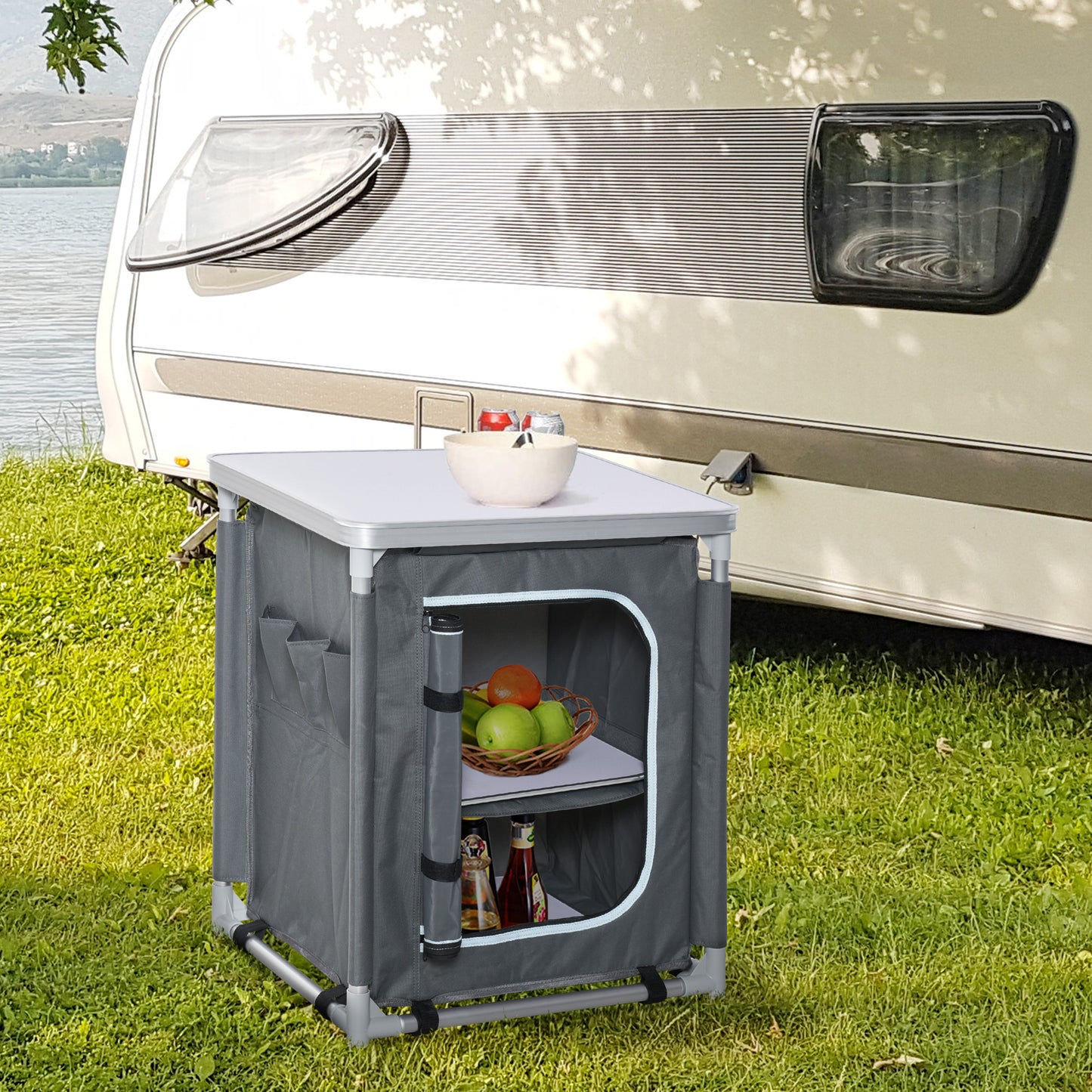 Outsunny 2-Shelf Camping Cupboard Camping Kitchen Station Cook Table Aluminum, Storage Organiser for BBQ Party Picnics Backyards with Carrying Bag