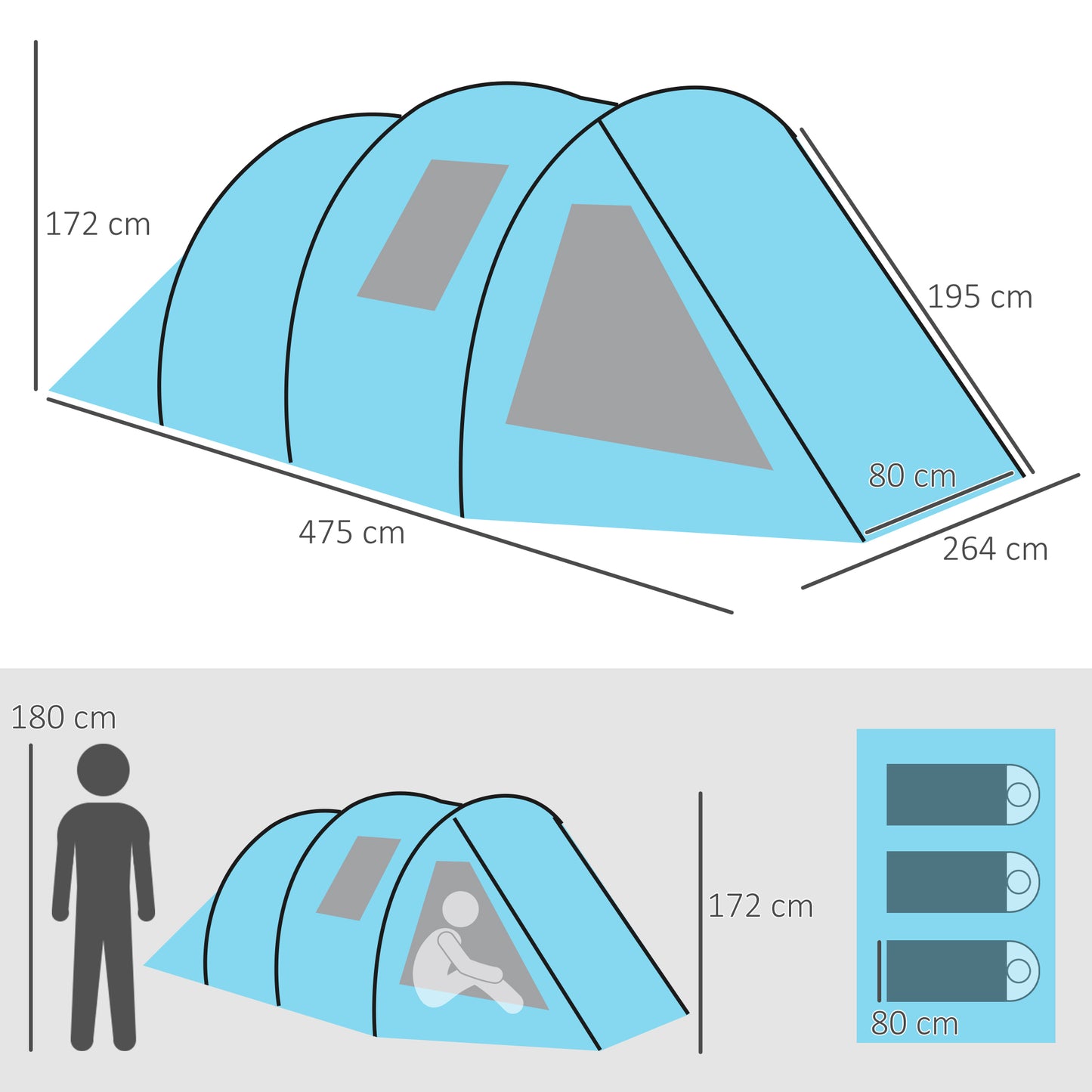 Outsunny 3-4 Man Tunnel Tent, Two Room Camping Tent with Windows and Covers, Portable Carry Bag, for Fishing, Hiking, Sports, Festival