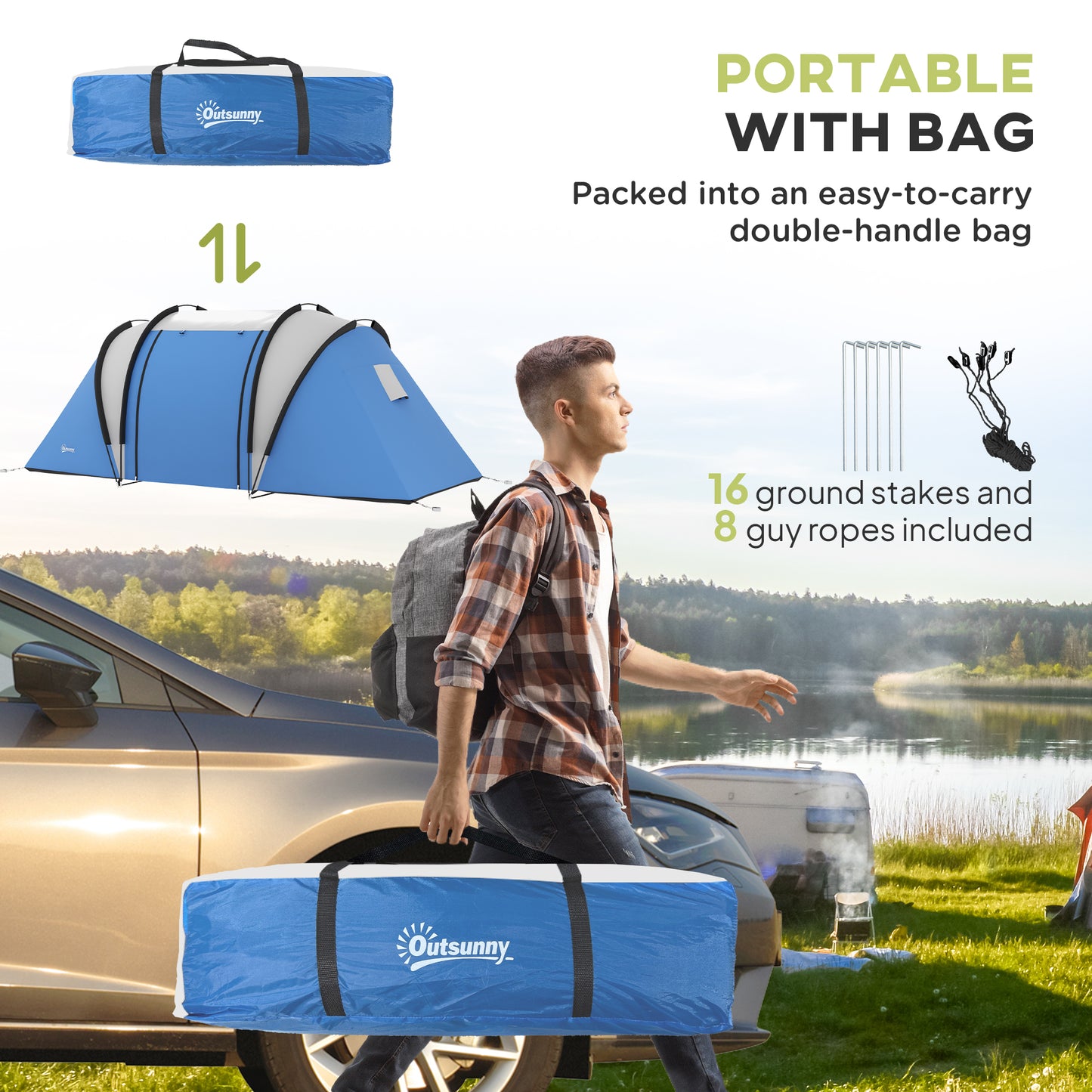 Outsunny Camping Tent with 2 Bedrooms and Living Area, 3000mm Waterproof Family Tent, for Fishing Hiking Festival