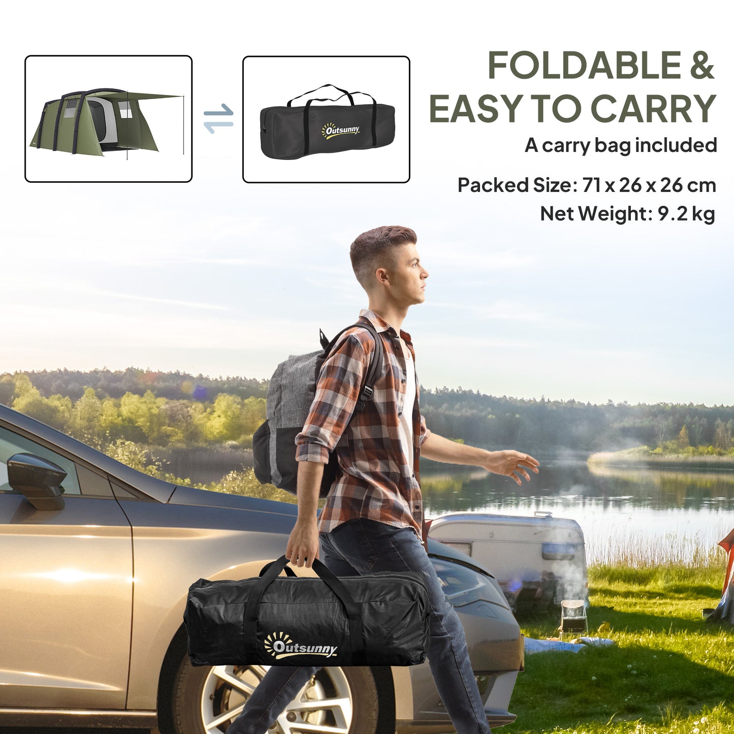 Outsunny Inflatable 3-4 Man Tunnel Tent w/ Air Pump, Living Area & Vestibule, Waterproof Family Camping Air Tent w/ Sewn In Groundsheet & Removable Footprint for Camping, Hiking