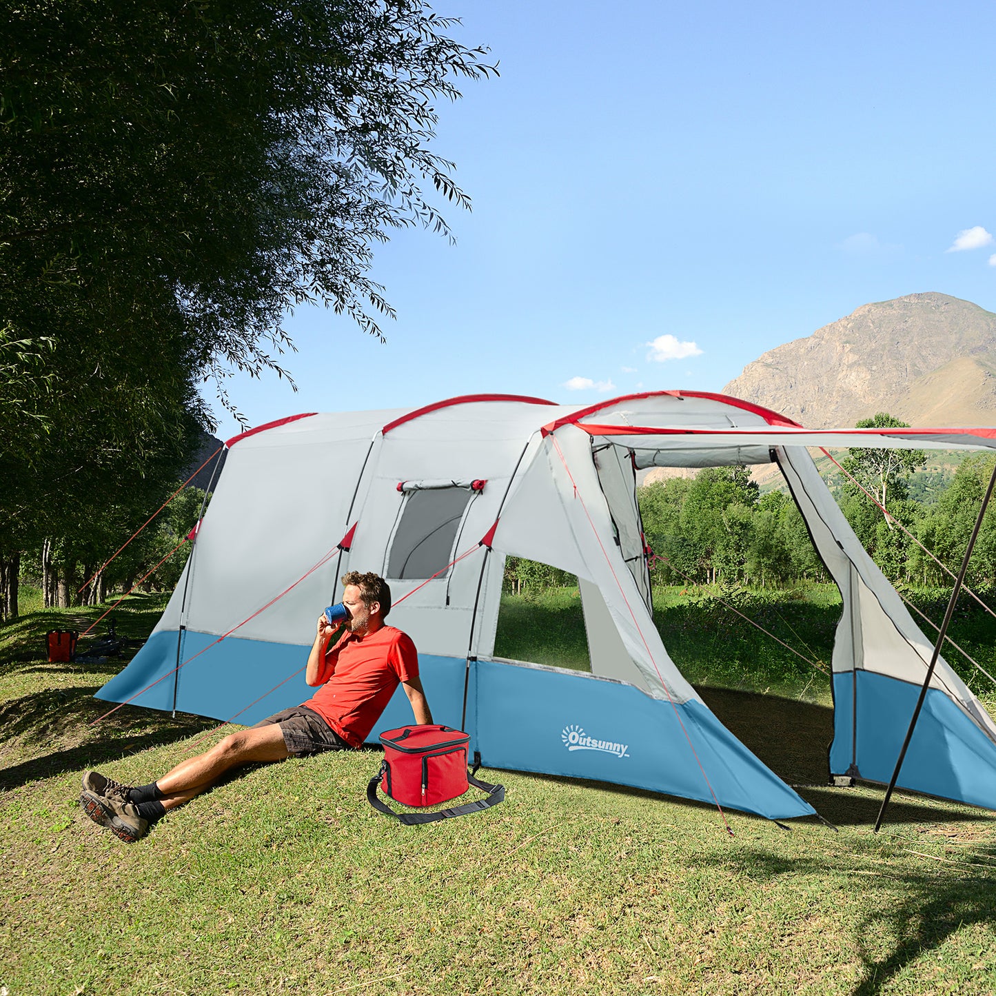 Outsunny 6-8 Person Tunnel Tent, Camping Tent with Bedroom, Living Room, Sewn-in Floor, 3 Doors and Carry Bag, 2000mm Water Column for Fishing, Hiking, Sports, and Traveling