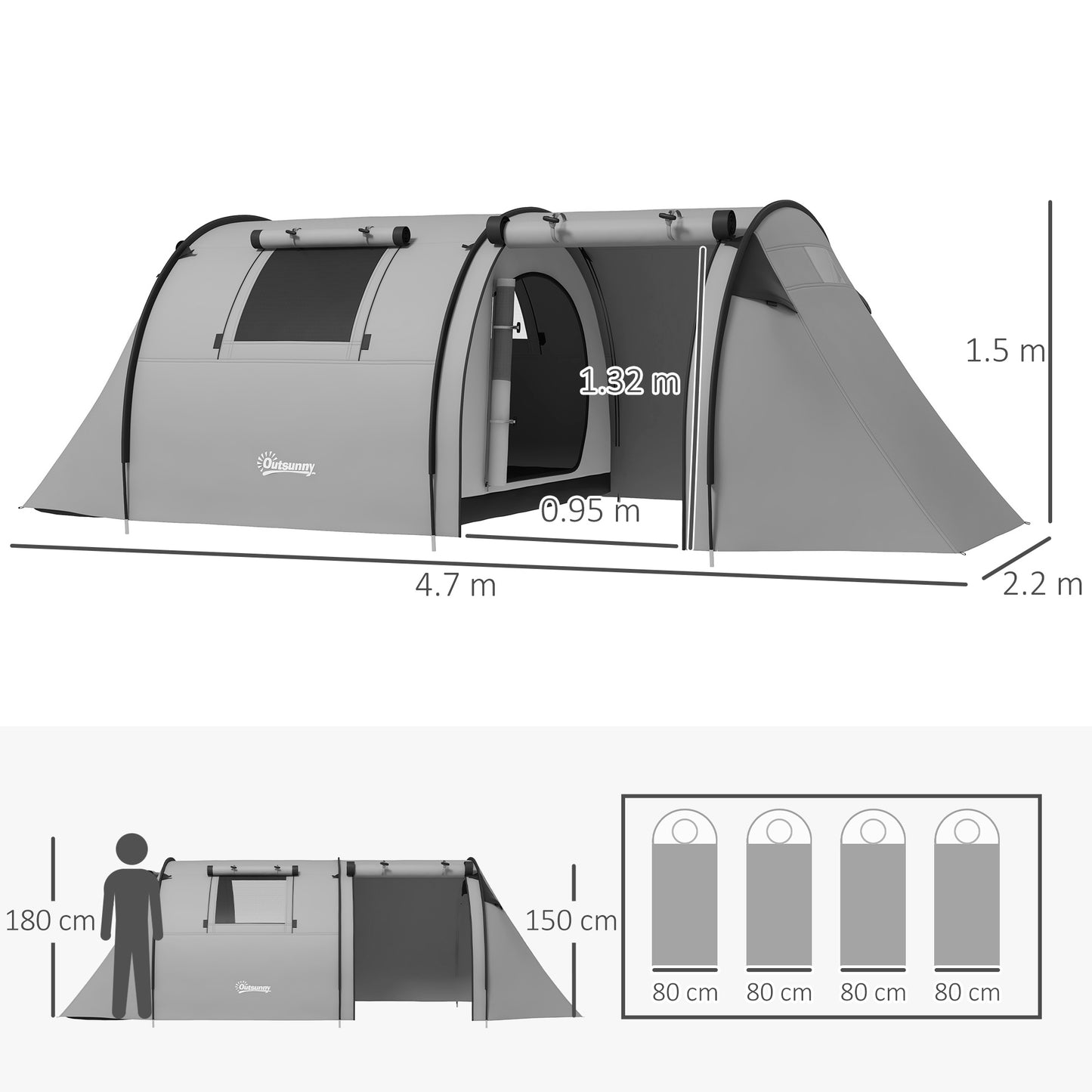 Outsunny Four Man Duo Room Tunnel Tent, with Accessories