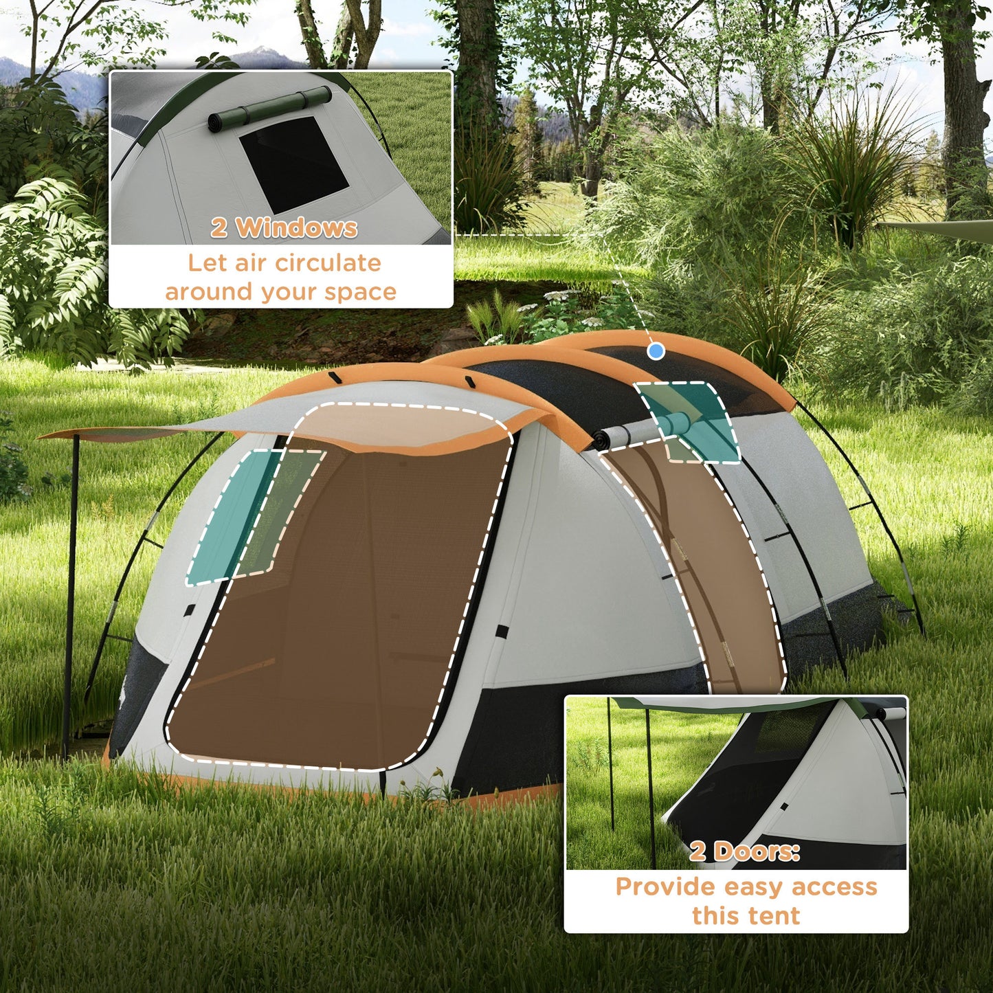 Outsunny Three-Man Camping Tent, with Two Rooms and Porch