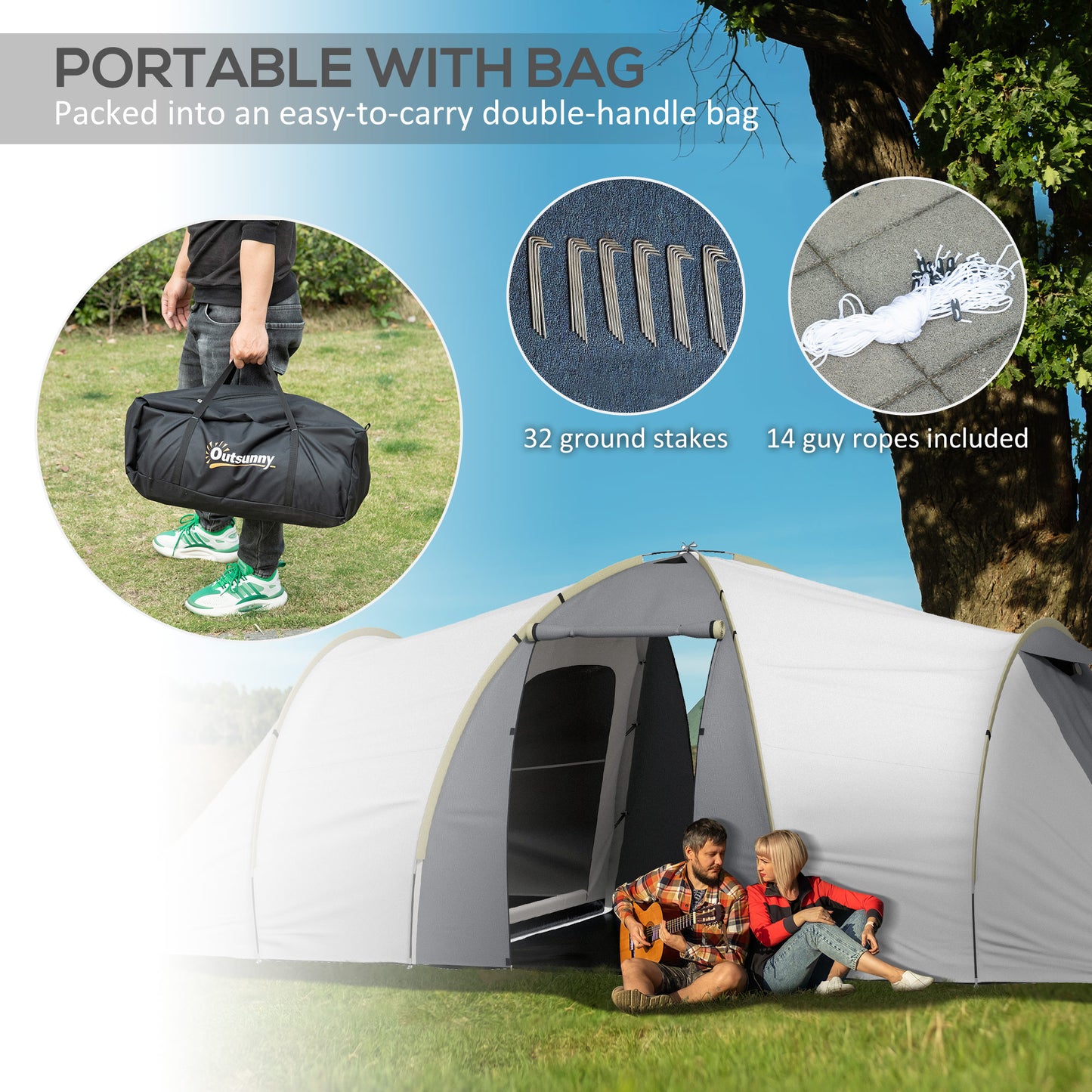 Outsunny Four-Man Tunnel Tent, with Two Bedrooms and Living Room