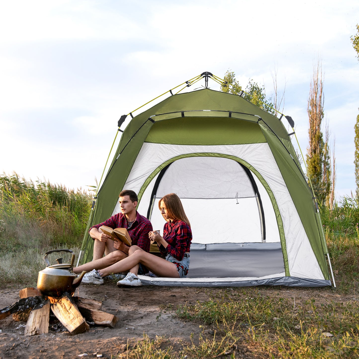 Outsunny 4 Person Automatic Camping Tent, Outdoor Pop Up Tent, Portable Backpacking Dome Shelter