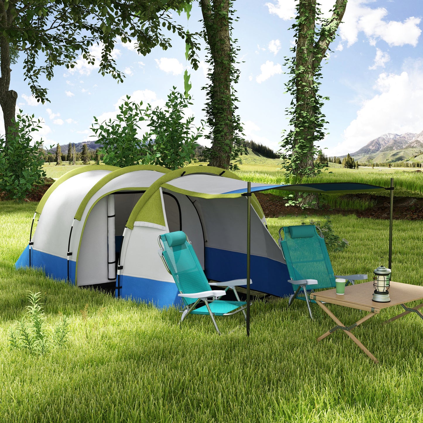 Outsunny Three Man Two-Room Tent, with Porch and Accessories