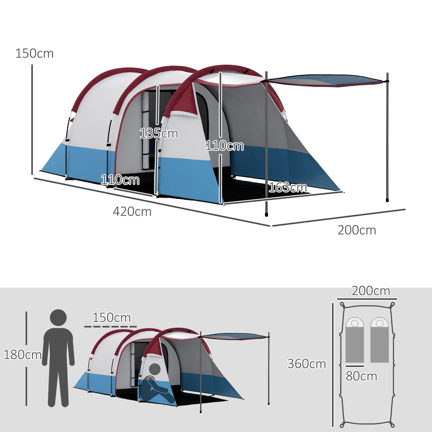Outsunny Camping Tent, Large Tunnel Tent with Bedroom and Living Area, 2000mm Waterproof, Portable with Bag for 2-3 Man