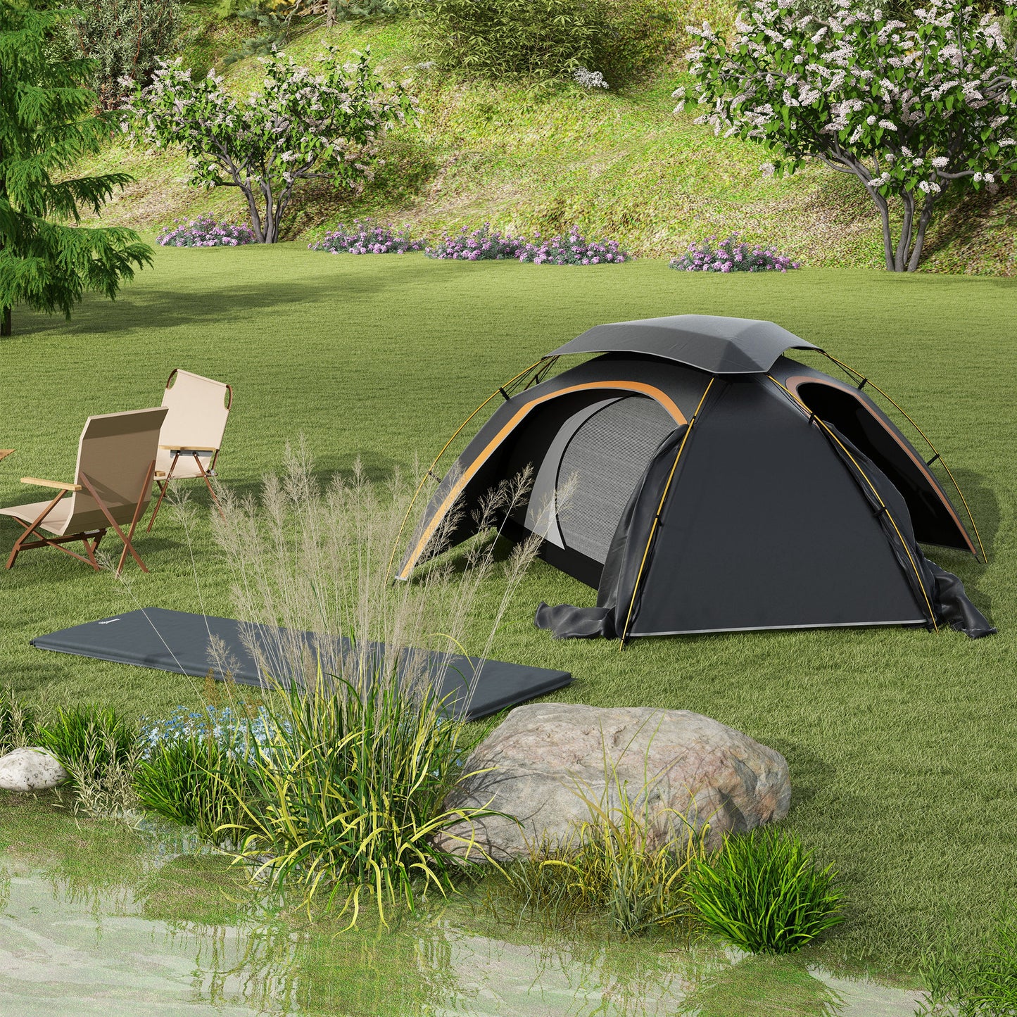 Outsunny Camping Tent with Self Inflatable Mattress, 1 Person Dome Tent with Removable Rainfly and Aluminium Frame, 2000mm Waterproof, Portable with Bags, for Fishing Hiking, Dark Grey/Grey