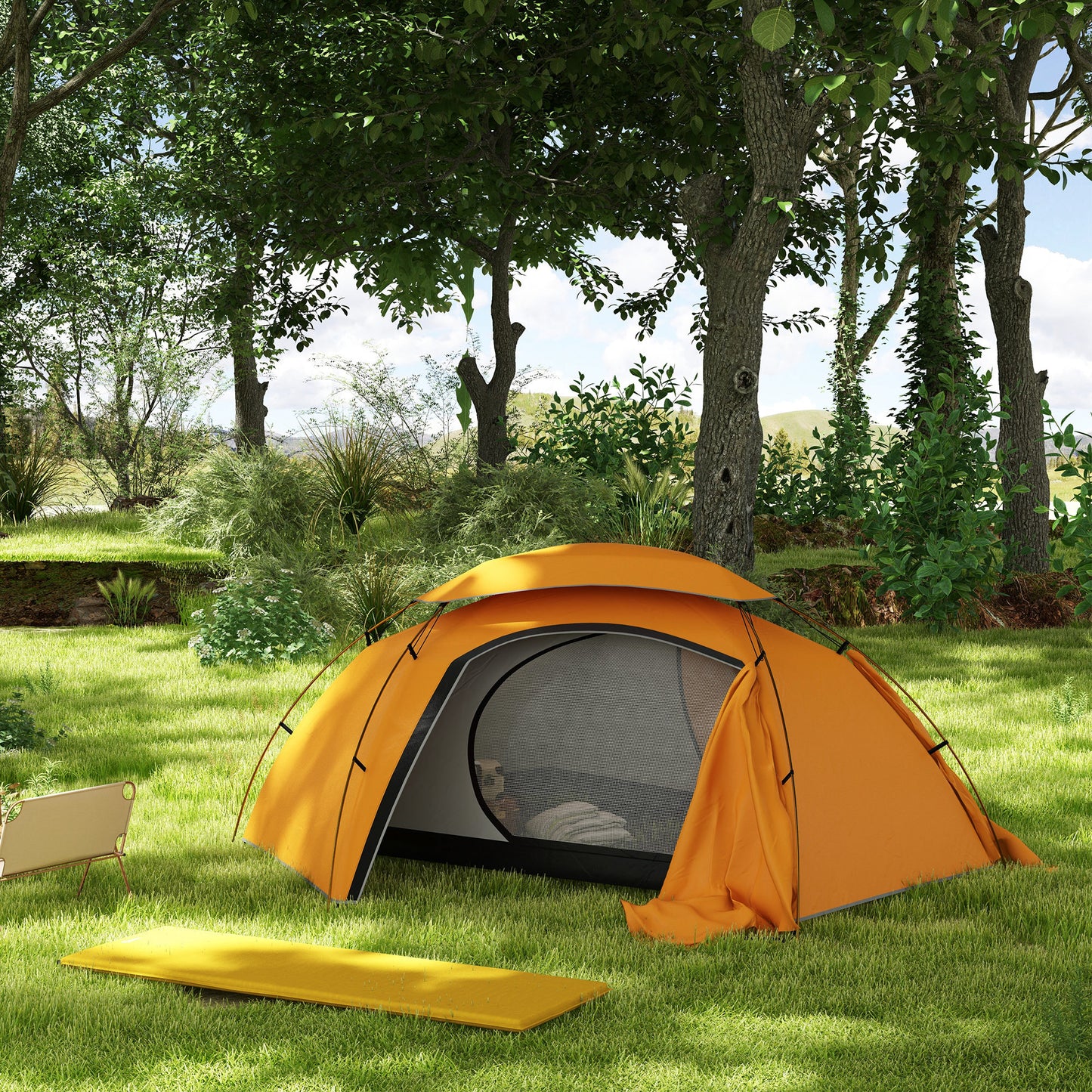 Outsunny Camping Tent with Self Inflatable Mattress, 1 Person Dome Tent with Removable Rainfly and Aluminium Frame, 2000mm Waterproof, Portable with Bags, for Fishing Hiking, Orange/Khaki