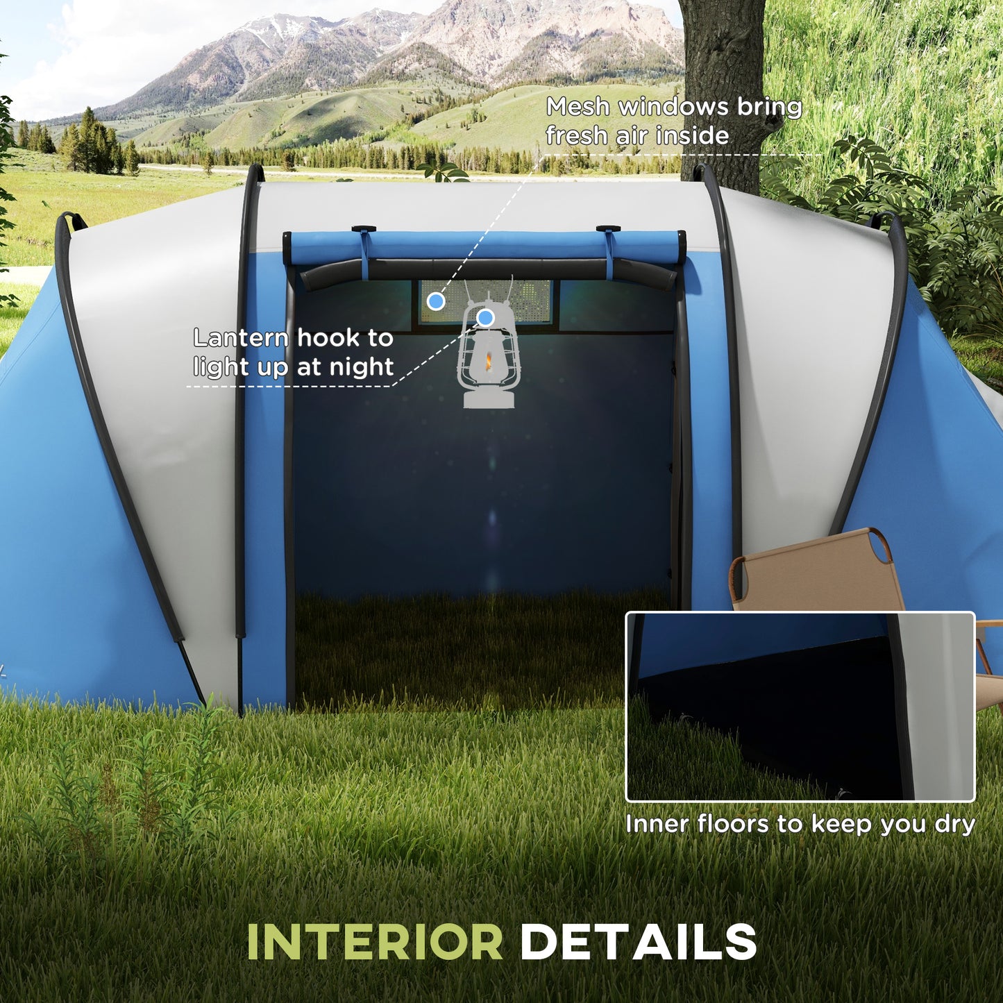 Outsunny Camping Tent with 2 Bedrooms and Living Area, 3000mm Waterproof Family Tent, for Fishing Hiking Festival