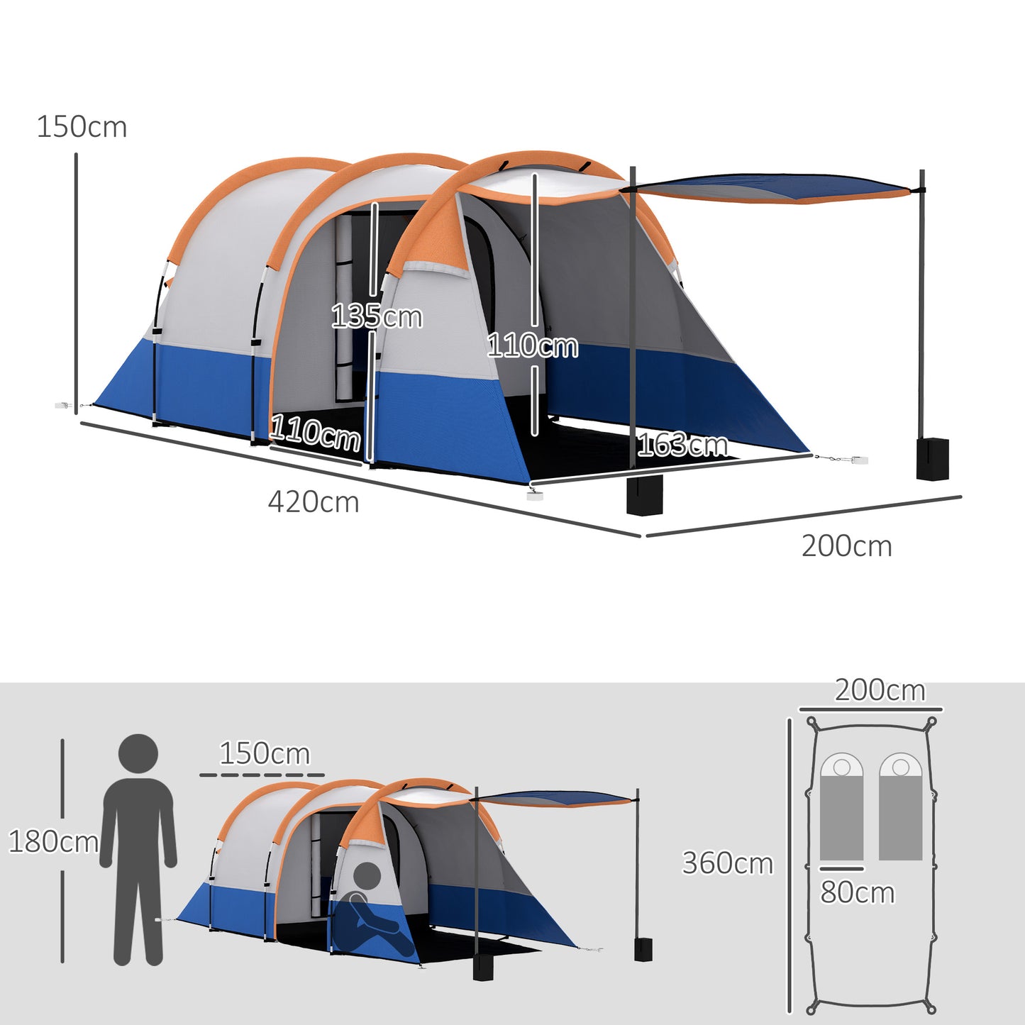 Outsunny Camping Tent, Large Tunnel Tent with Bedroom and Living Area, 2000mm Waterproof, Portable with Bag for 2-3 Man