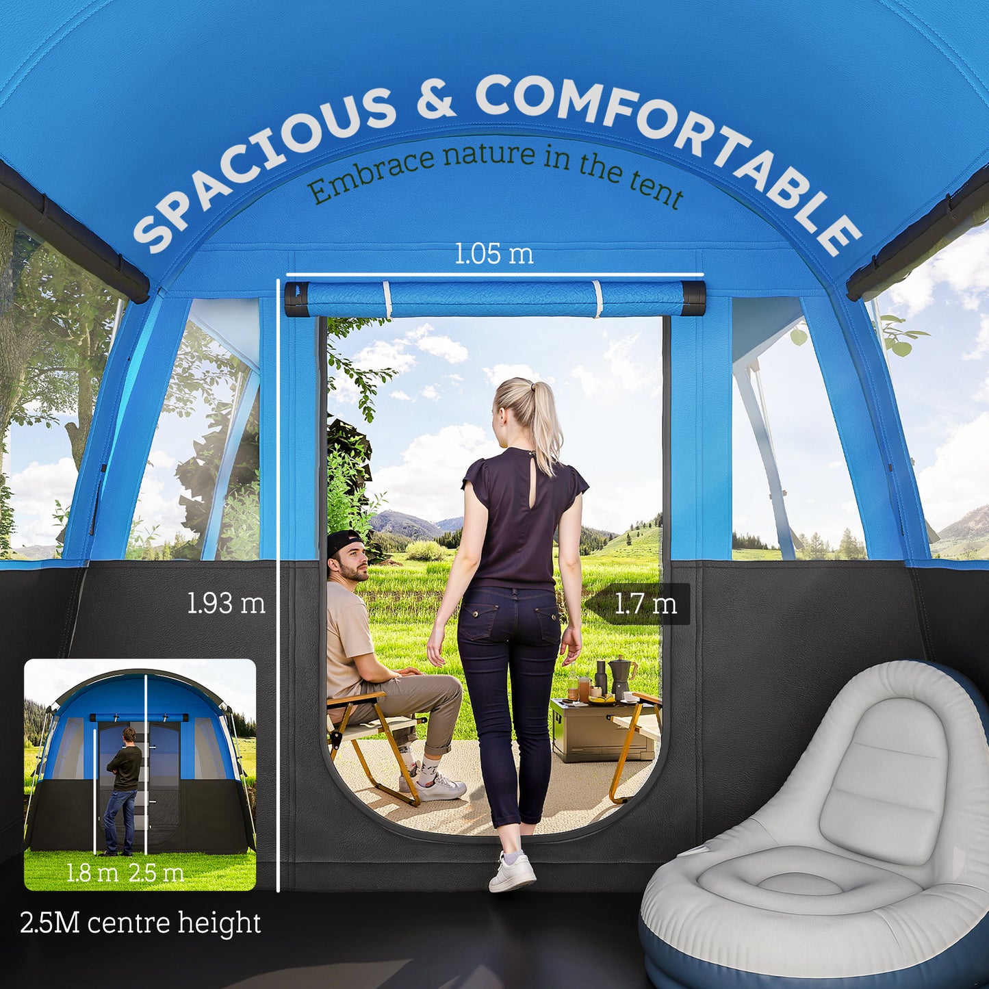 Outsunny 8-Person Camping Tent, Waterproof Family Tent, Tunnel Design, 4 Large Windows, Sleeping Cabins 3000mm Water Column