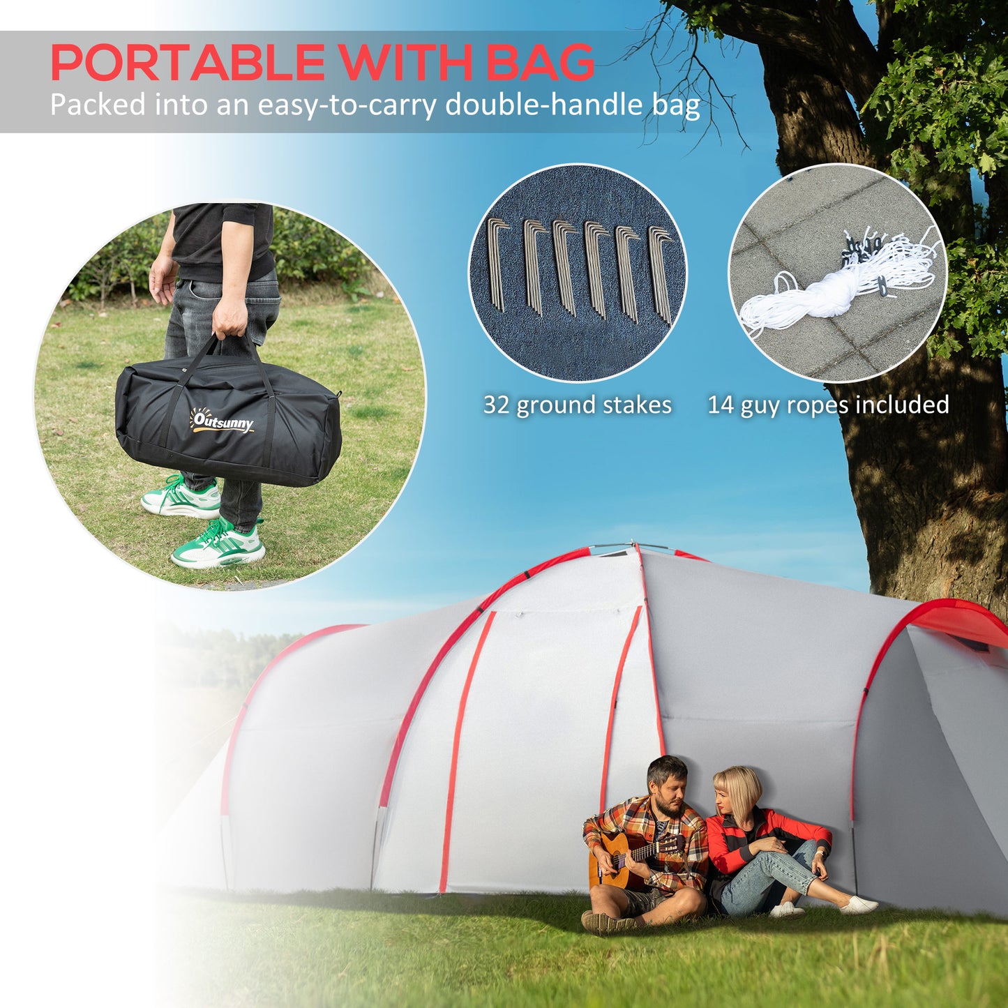 Outsunny Four-Man Tunnel Tent, with Two Bedrooms and Living Room