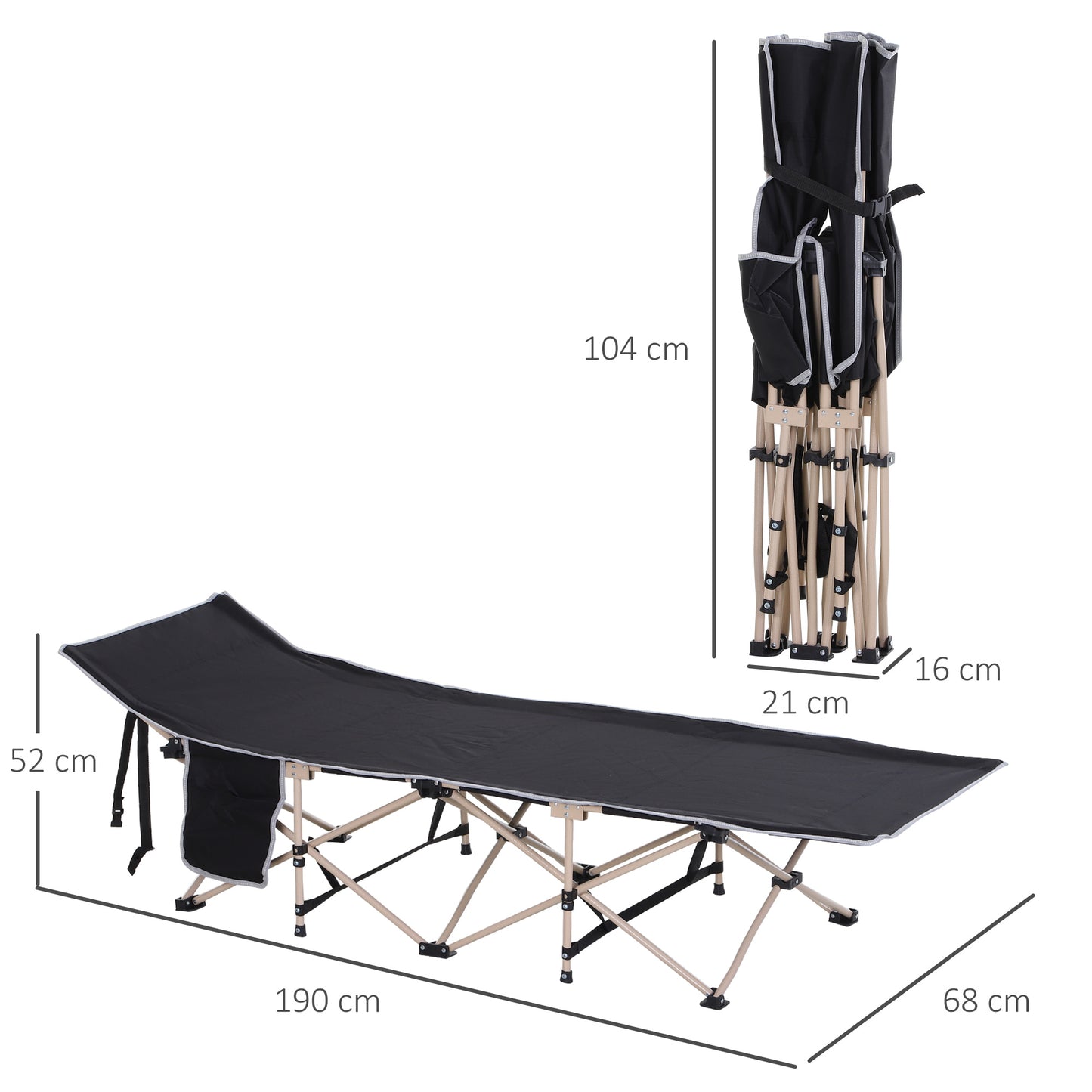 Outsunny Single Person Camping Bed Folding Cot Outdoor Patio Portable Military Sleeping Bed Travel Guest Leisure Fishing with Side Pocket and Carry Bag