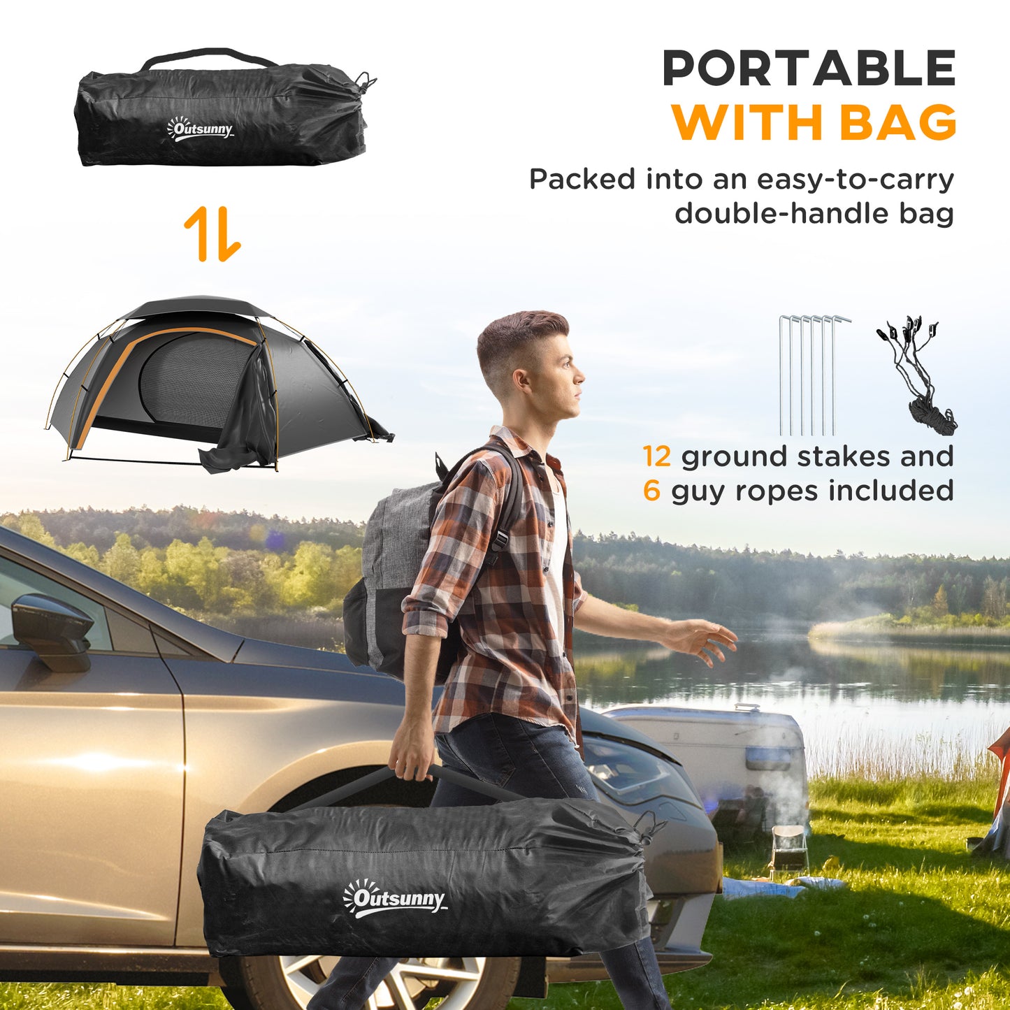 Outsunny Aluminium Frame Camping Tent Dome Tent with Removable Rainfly, 2000mm Waterproof, for 1-2 Man