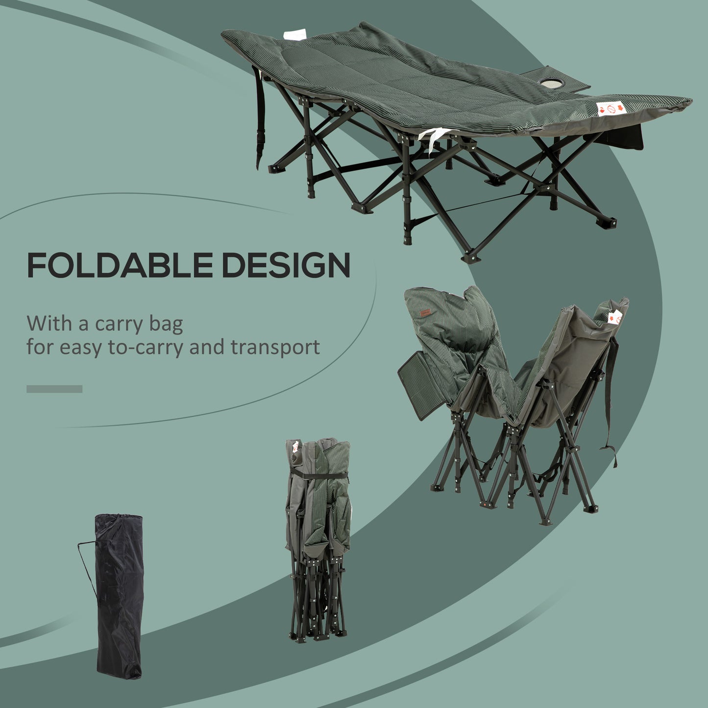 Outsunny Foldable Sun Lounger, Padded Patio Camping Bed with Carry Bag, Magazine Bag and Cup Holder for Outdoor, Garden