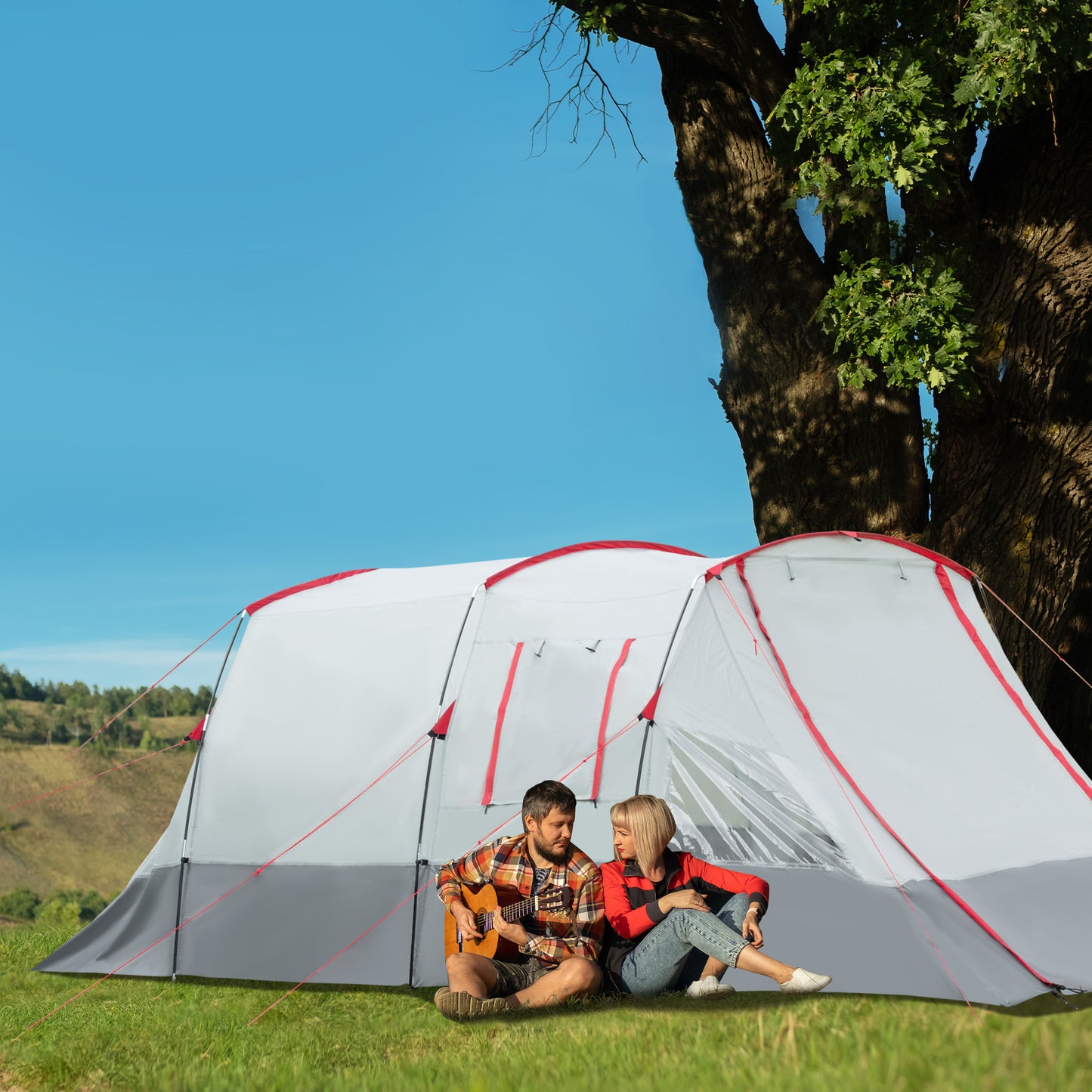 Outsunny 6-8 Person Tunnel Tent, Camping Tent with Bedroom, Living Room, Sewn-in Floor, 3 Doors and Carry Bag, 2000mm Water Column for Fishing, Hiking, Sports, and Traveling