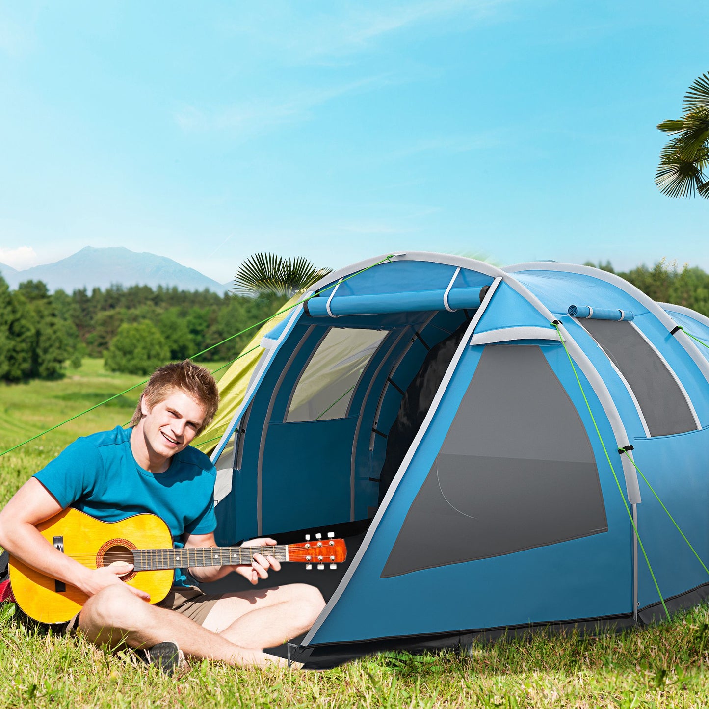 Outsunny 3-4 Man Tunnel Tent, Two Room Camping Tent with Windows and Covers, Portable Carry Bag, for Fishing, Hiking, Sports, Festival