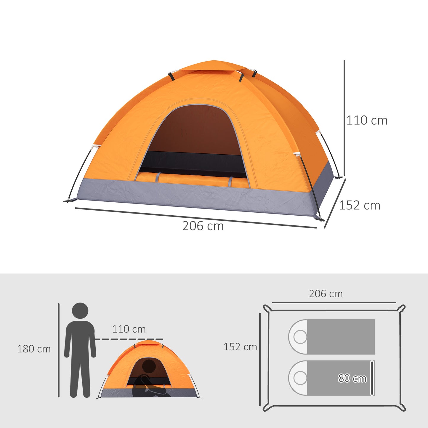 Outsunny 2 Person Camping Tent, Dome Tent with Zipped Doors, Storage Pocket, Portable Handy Bag