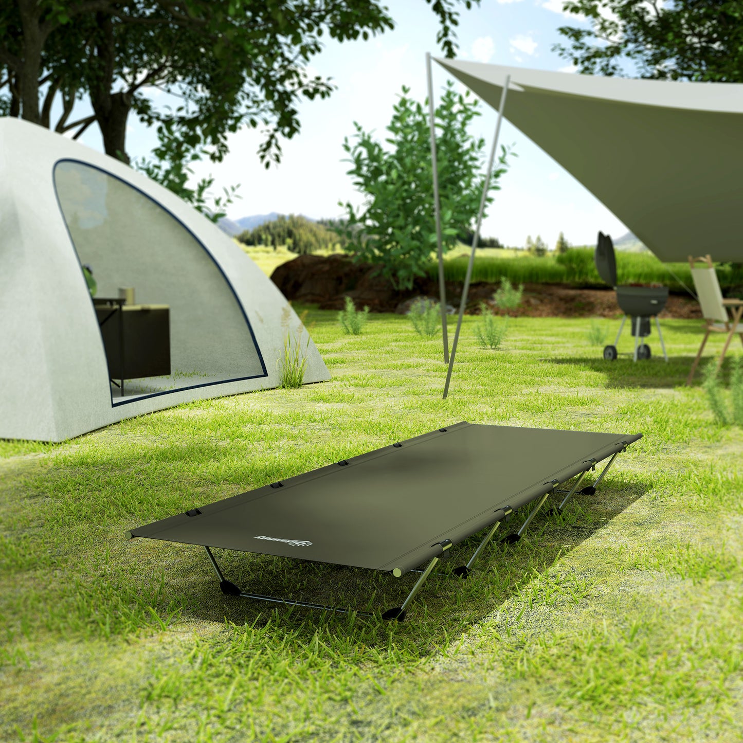 Outsunny Lightweight Camping Bed, Aluminium Portable Camp Cot w/ Strong Support 150kg and Carry Bag for Camping