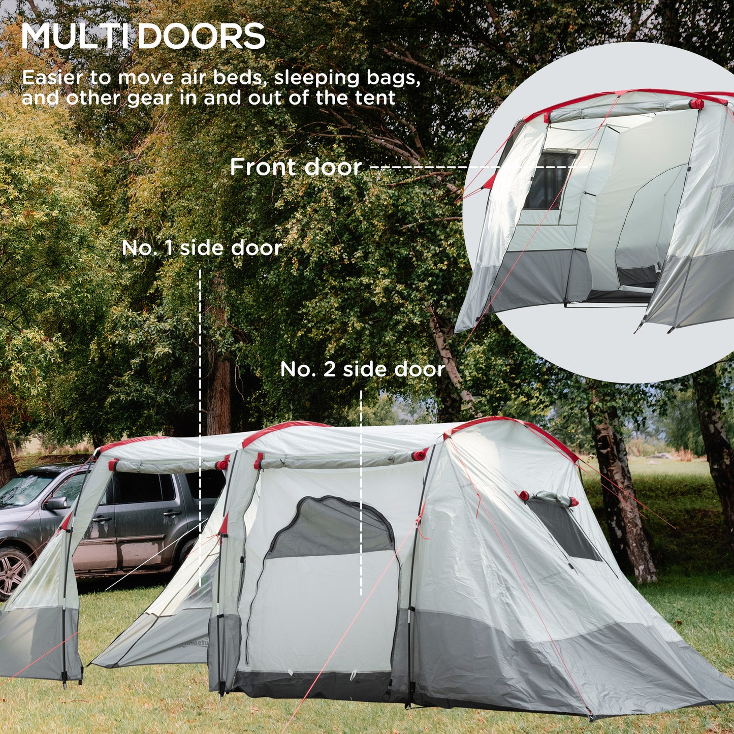 Outsunny 6-8 Person Tunnel Tent, Camping Tent with Bedroom, Living Room, Sewn-in Floor, 3 Doors and Carry Bag, 2000mm Water Column for Fishing, Hiking, Sports, and Traveling