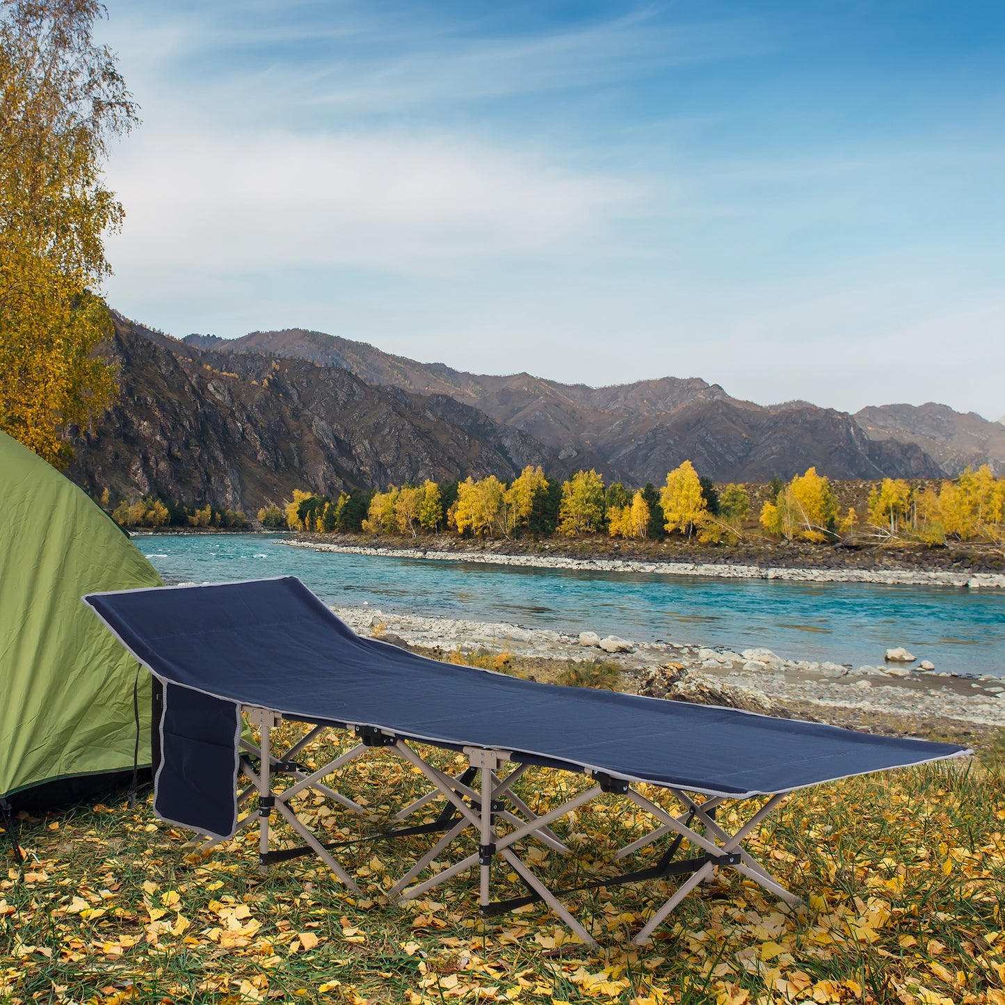 Outsunny Single Person Camping Bed Folding Cot Outdoor Patio Portable Military Sleeping Bed Travel Guest Leisure Fishing with Side Pocket and Carry Bag