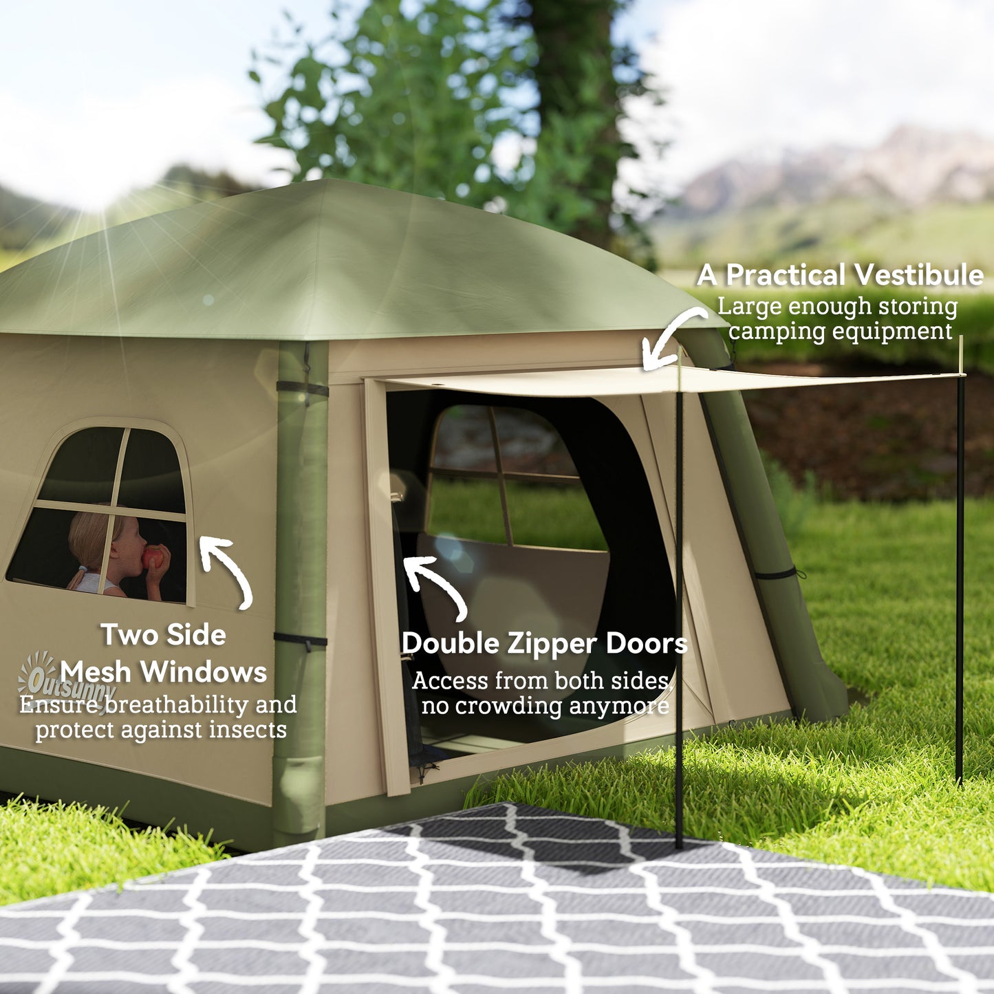 Outsunny Inflatable Camping Tent w/ Hand Pump, Easy Setup 1/2 Person Blow Up Tent Waterproof 190T Taffeta w/ Mesh Windows, Doors and Carry Bag