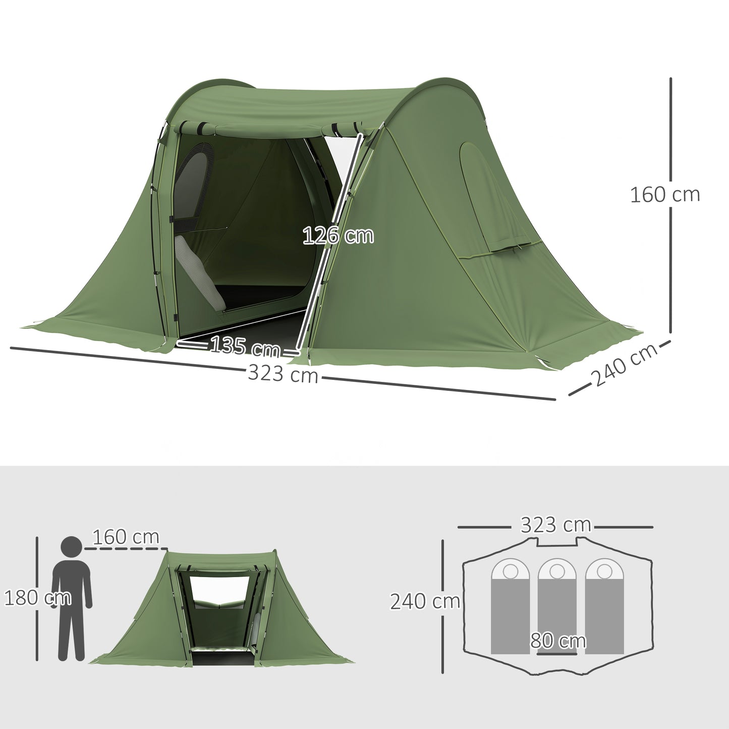 Outsunny 3 Man Camping Tent with Living Area and 2 Bedrooms, 3000mm Waterproof Family Tent with Sewn-in Groundsheet, Portable with Bag for Hiking, Festival, Backpacking