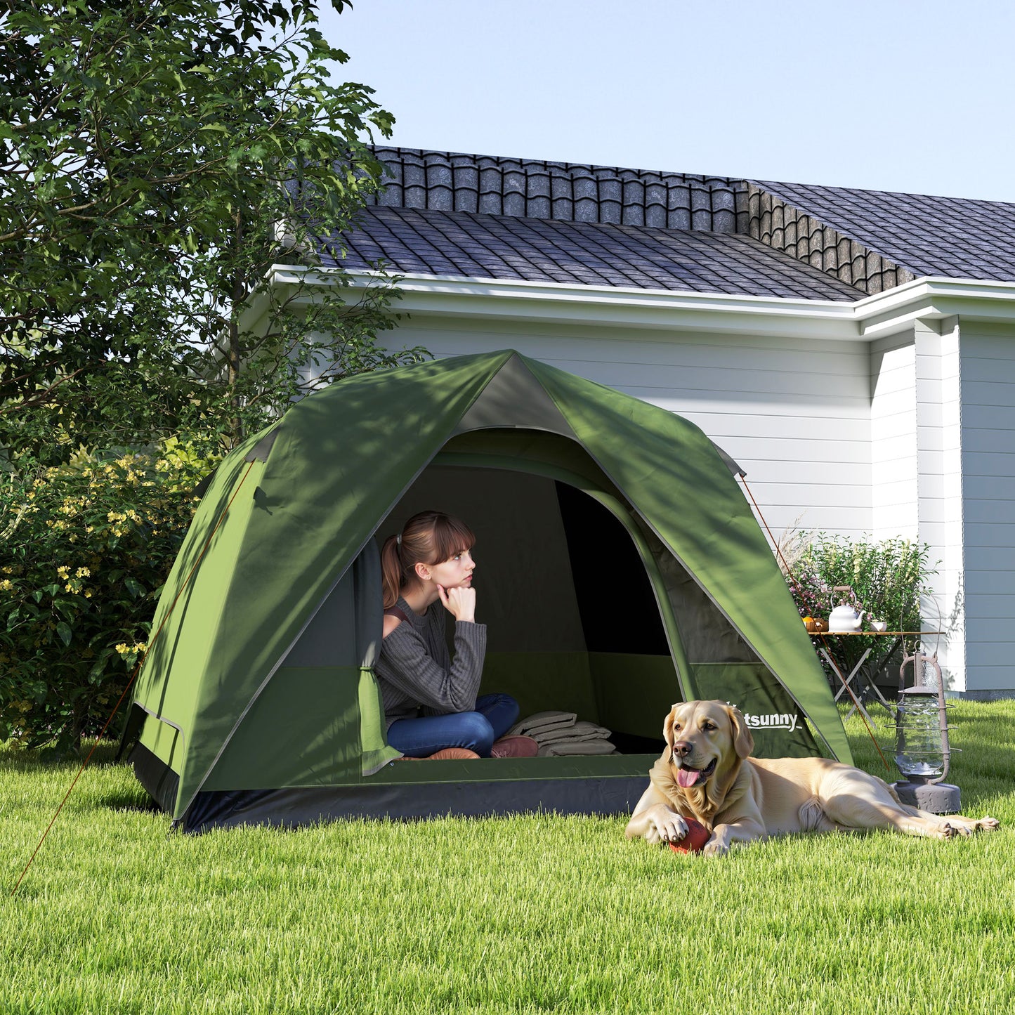 Outsunny 3-4 Person Camping Tent, Easy Set Up Waterproof Dome Tent with Sewn-in Groundsheet, Mesh Windows, Pocket and Hook for Camping, Hiking, Backpacking