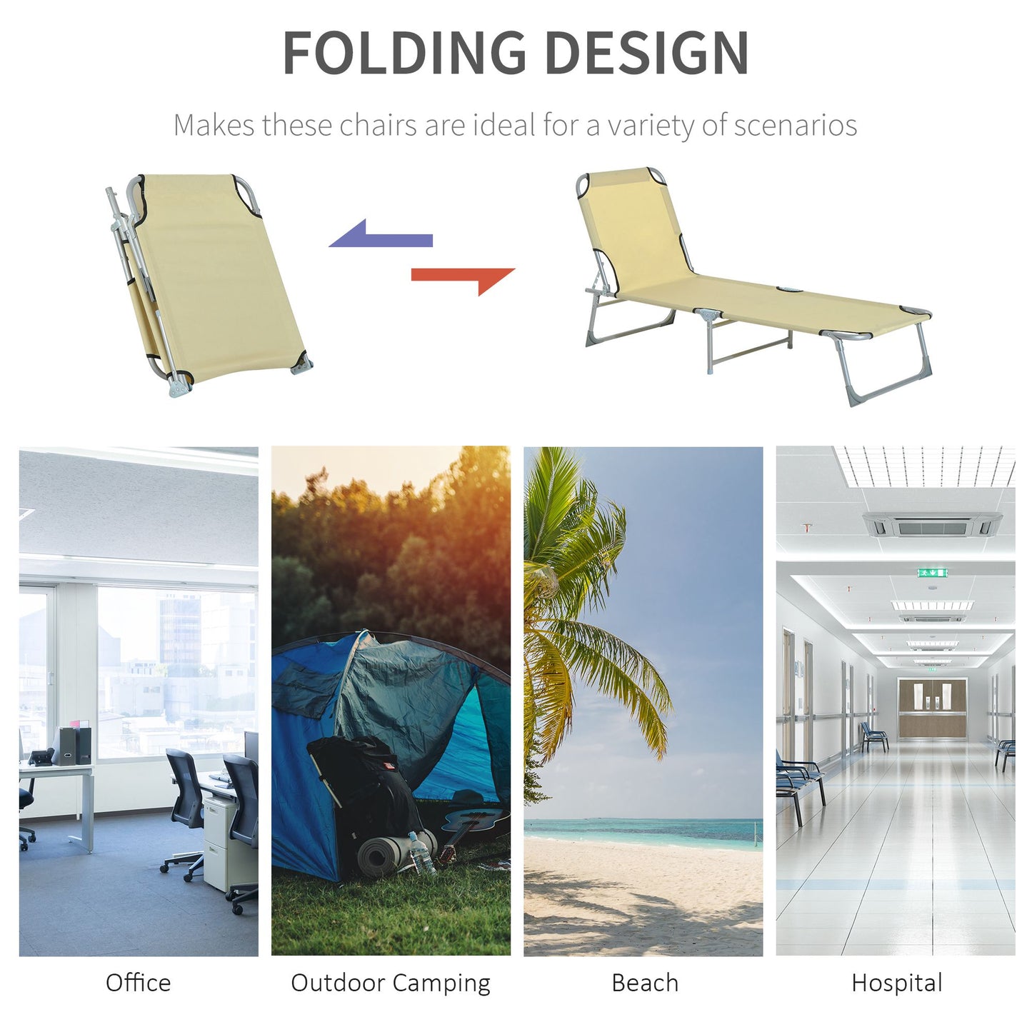 Outsunny Reclining Sun Lounger Chair Folding Camping Bed with 4-Position Adjustable Backrest, for Travel Indoor Outdoor Office Fishing