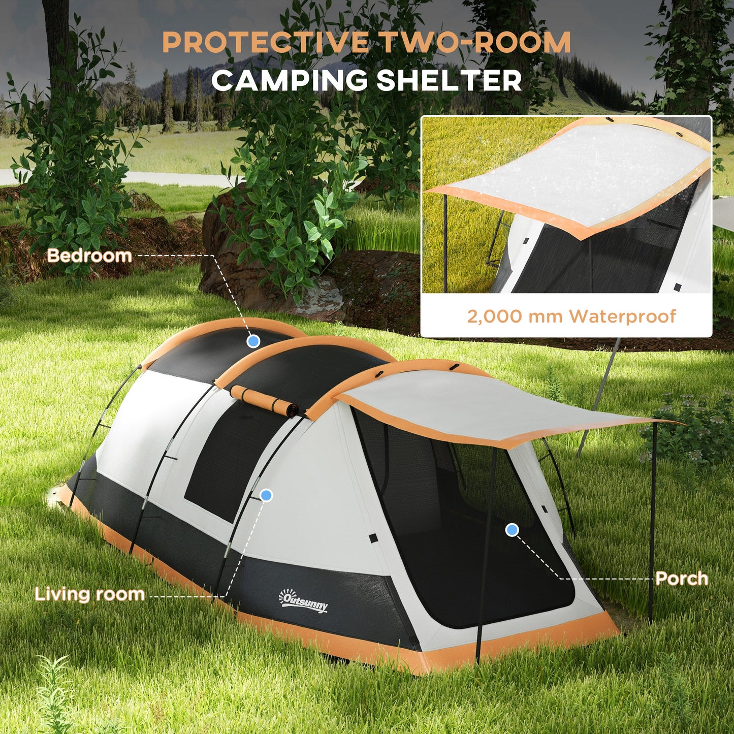 Outsunny Three-Man Camping Tent, with Two Rooms and Porch
