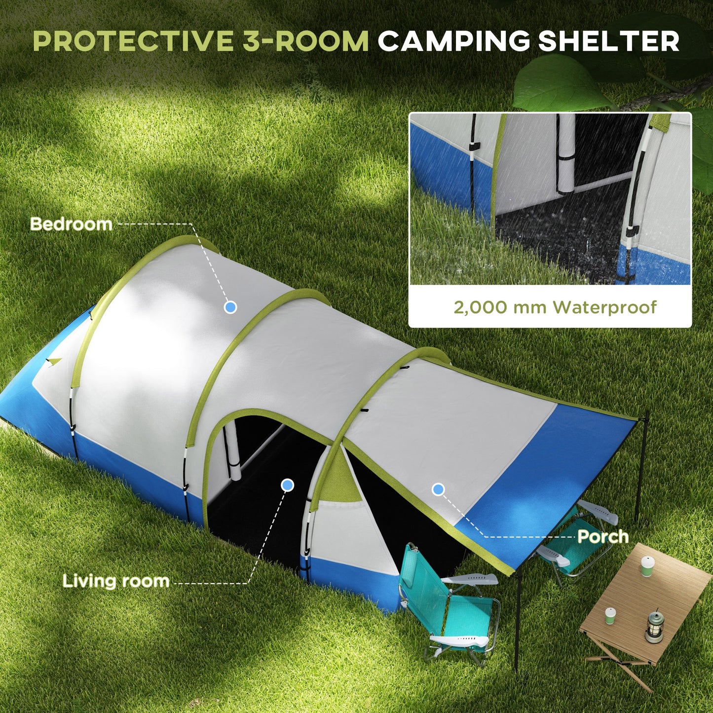 Outsunny Three Man Two-Room Tent, with Porch and Accessories