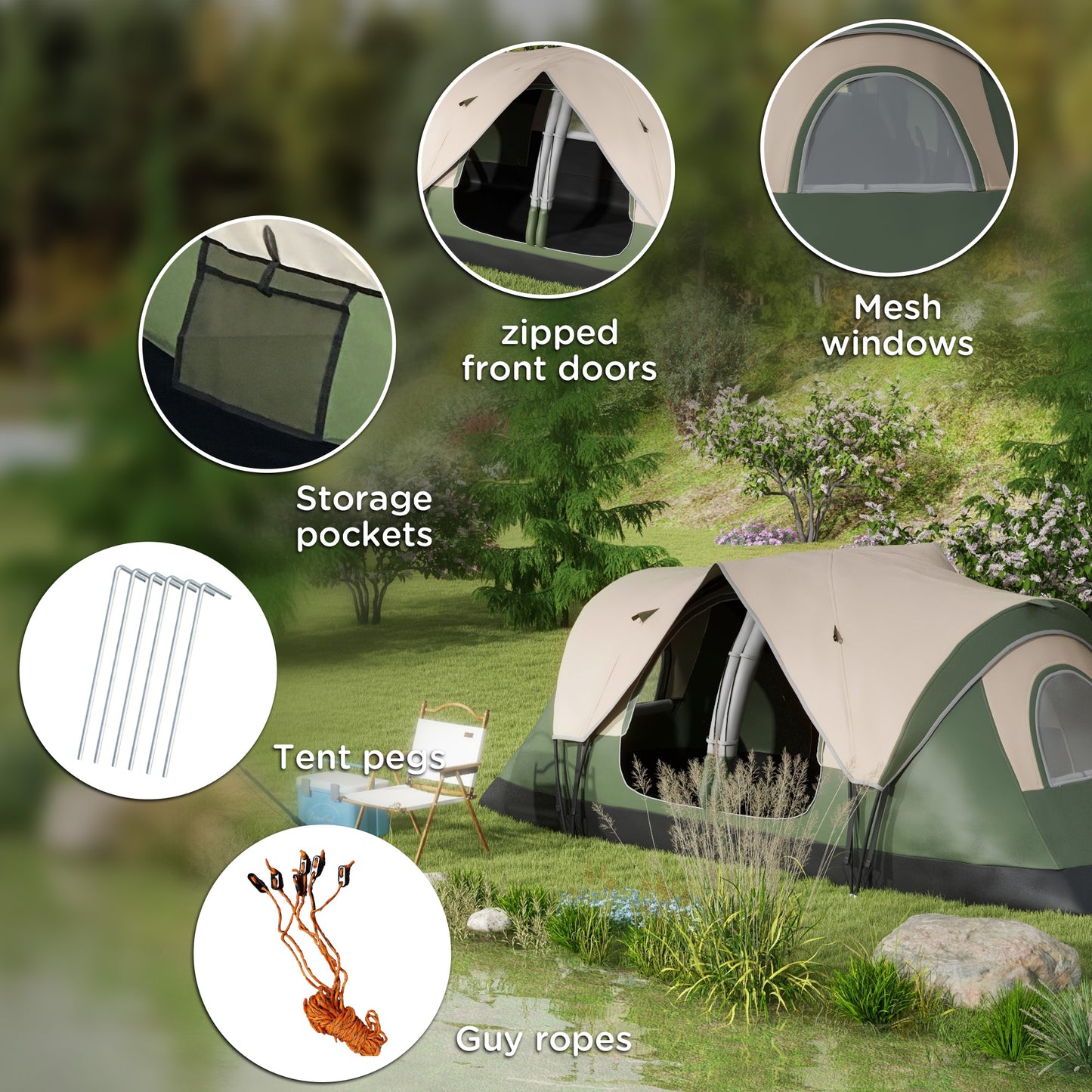 Outsunny Camping Tent for 6-8 Man with 2000mm Waterproof Rainfly and Carry Bag for Fishing Hiking Festival