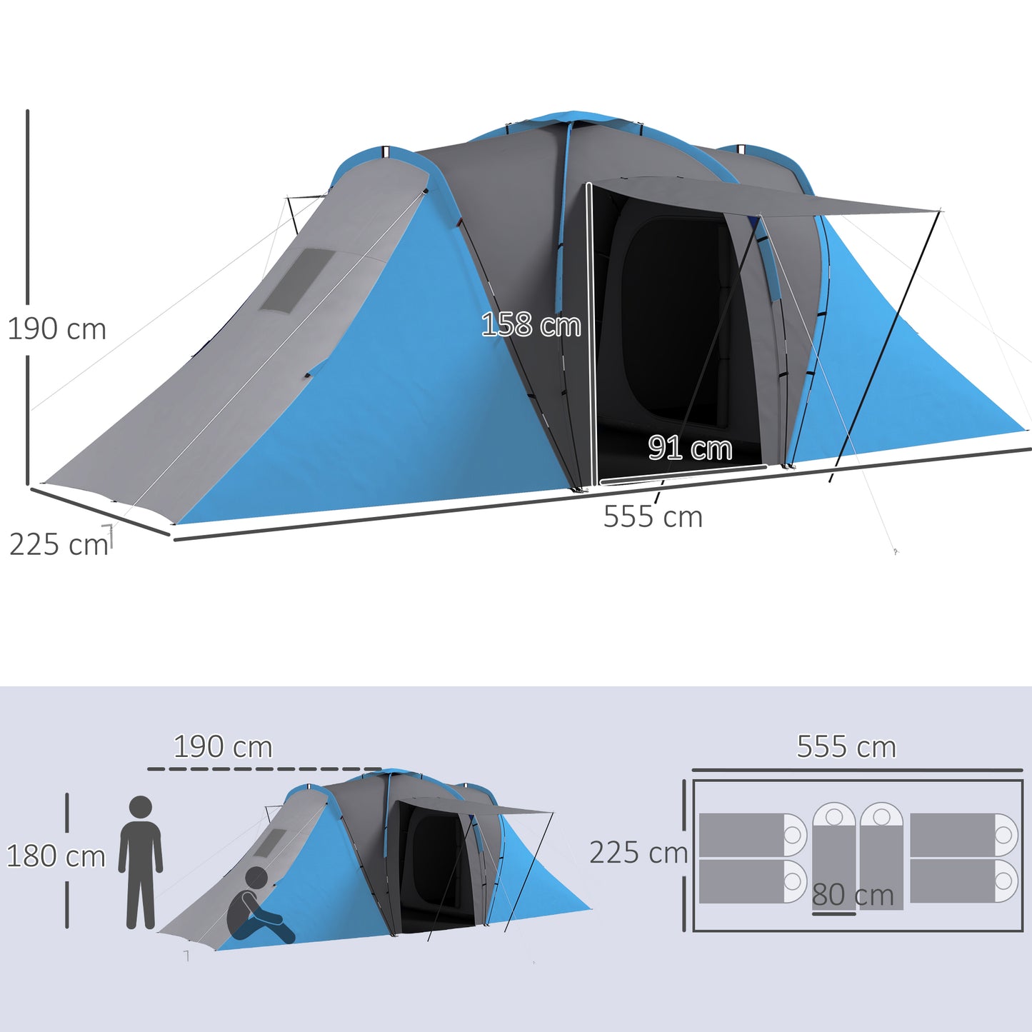 Outsunny Large Camping Tent Tunnel Tent with 2 Bedroom and Living Area, 2000mm Waterproof, Portable with Bag for 4-6 Man