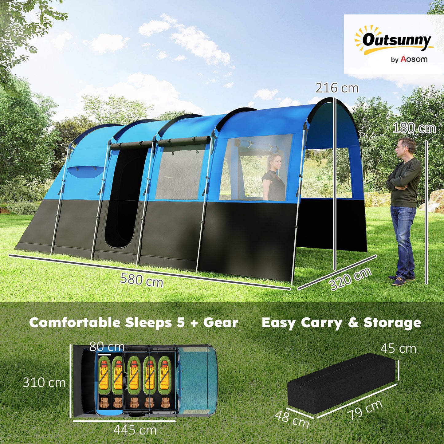 Outsunny 8-Person Camping Tent, Waterproof Family Tent, Tunnel Design, 4 Large Windows, Sleeping Cabins 3000mm Water Column