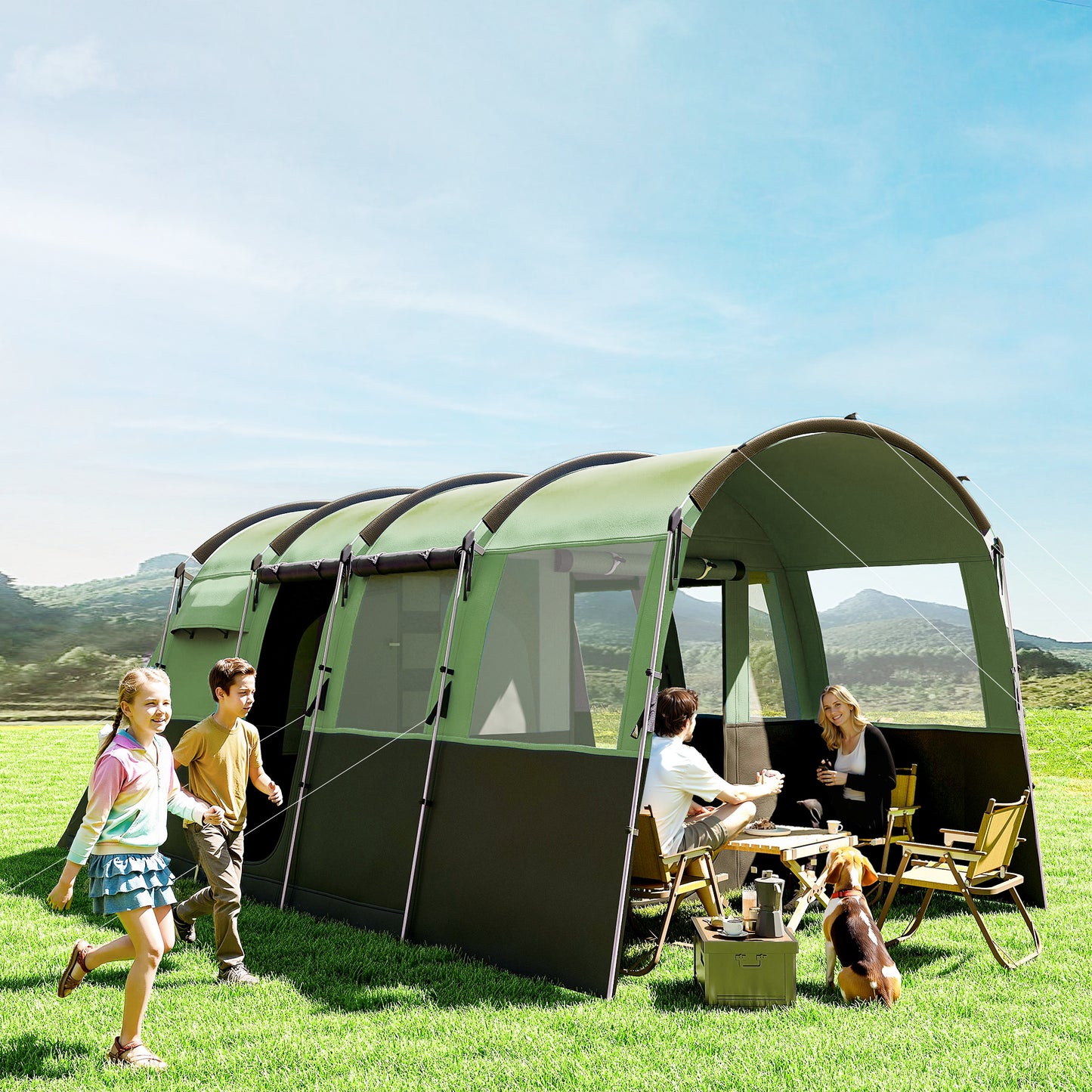 Outsunny 8-Person Camping Tent, Waterproof Family Tent, Tunnel Design, 4 Large Windows, Sleeping Cabins 3000mm Water Column