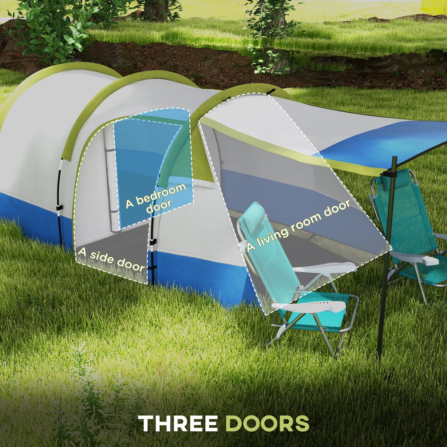 Outsunny Three Man Two-Room Tent, with Porch and Accessories