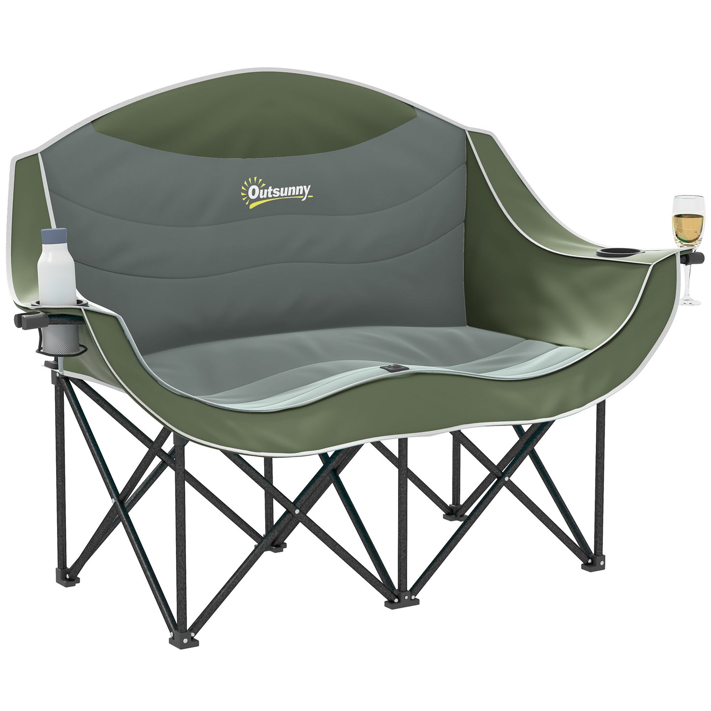 Outsunny Double Camping Chair for Adults, Oversized Heavy Duty Padded Folding Chair with Armrests, Cup Holders and Carry Bag for Outdoor Camping Hiking Picnic Fishing, 250kg Capacity