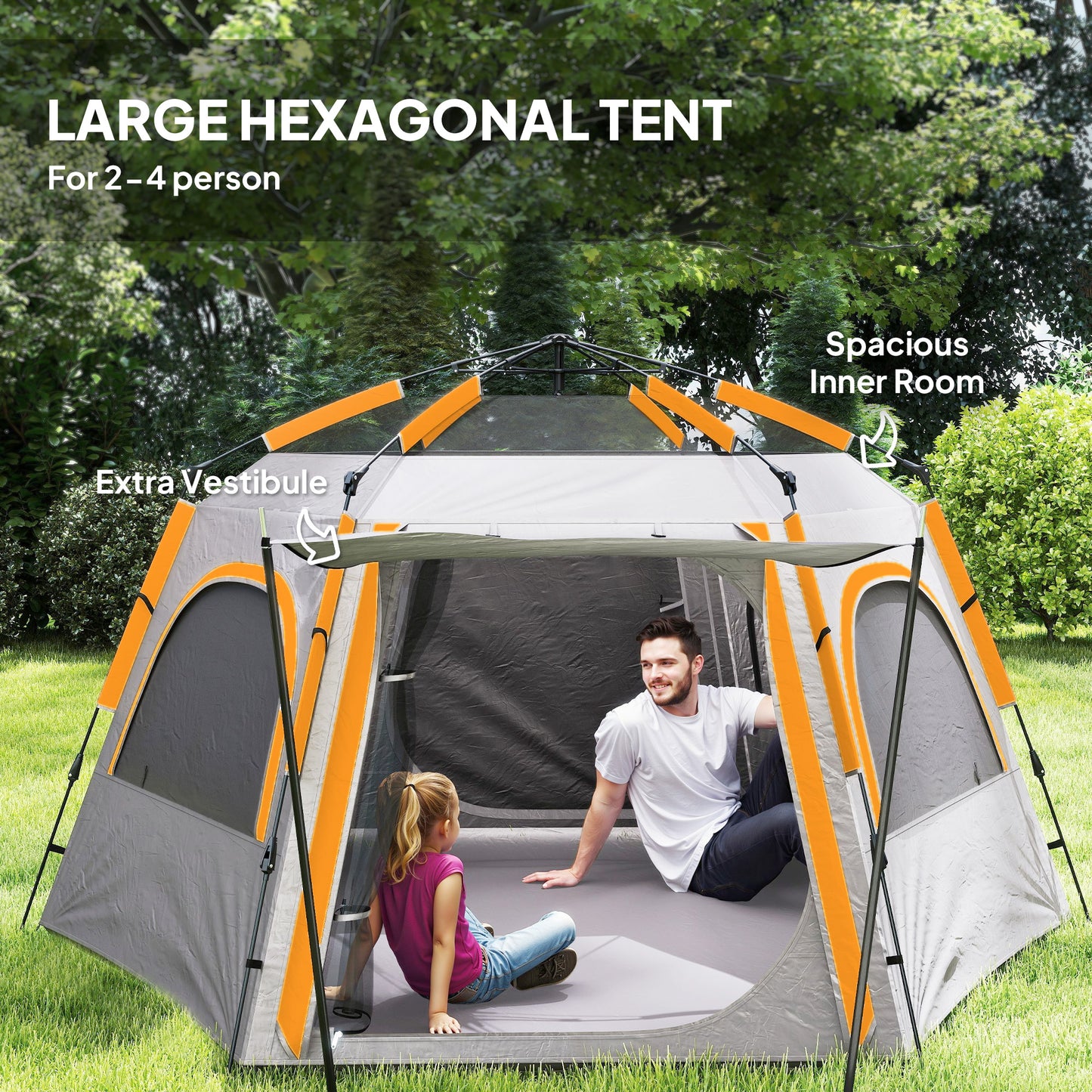 Outsunny Instant Camping Tent, 2/3/4 Person Easy Setup Dome Family Tent with Vestibule, Rainfly, 4 Mesh Windows & 2 Doors, Hexagonal Design, Waterproof & UV Protected