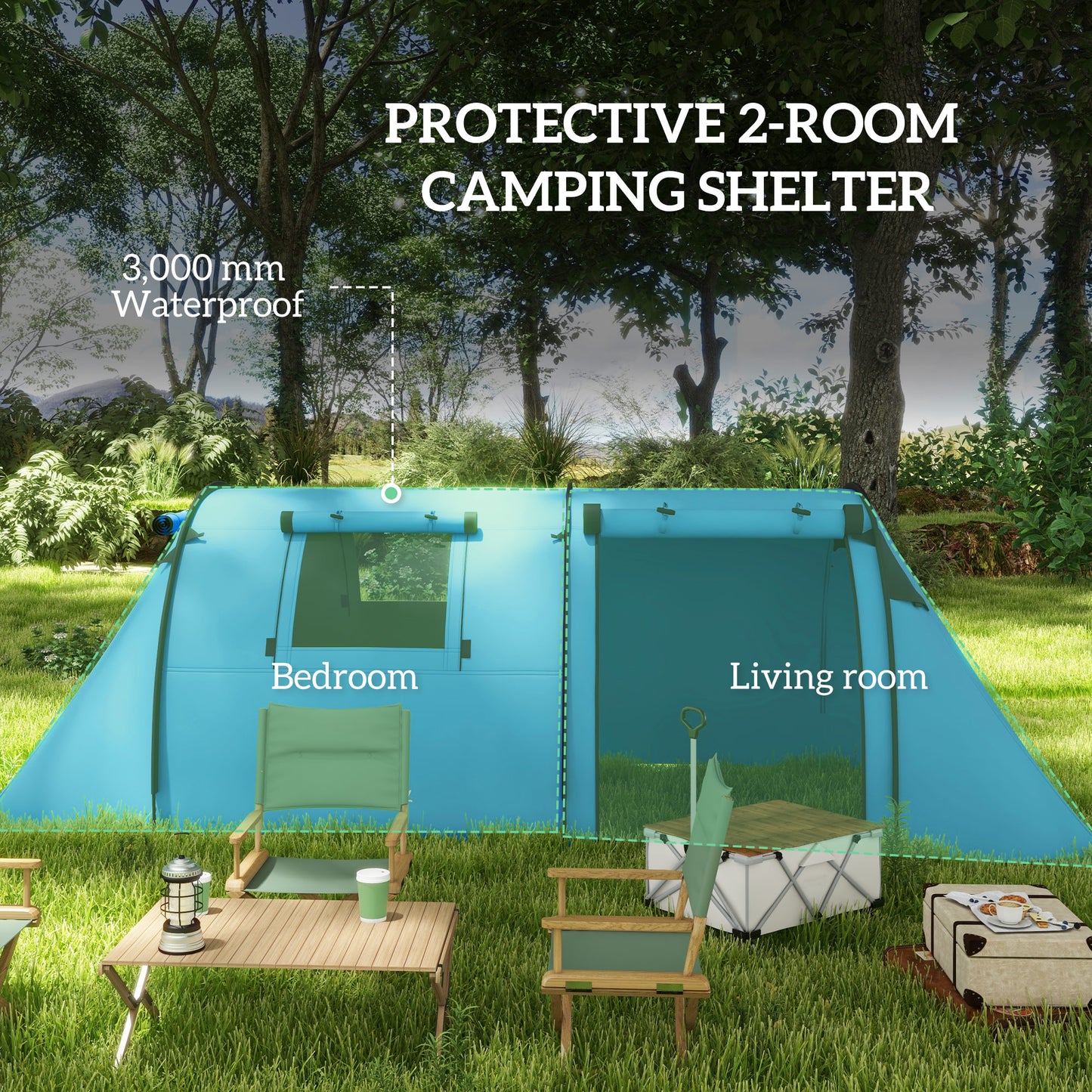 Outsunny Four Man Duo Room Tunnel Tent, with Accessories
