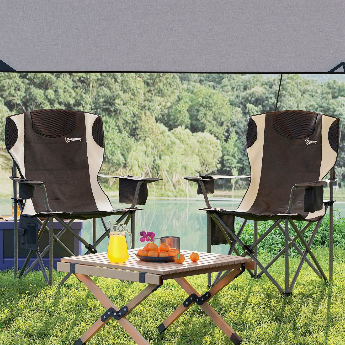 Outsunny Set of 2 Folding Camping Chairs, Padded Camping Chairs with Adjustable Armrests, Portable & Lightweight Folding Camp Chair with Cooler Bag, Cup Holder and Side Pockets