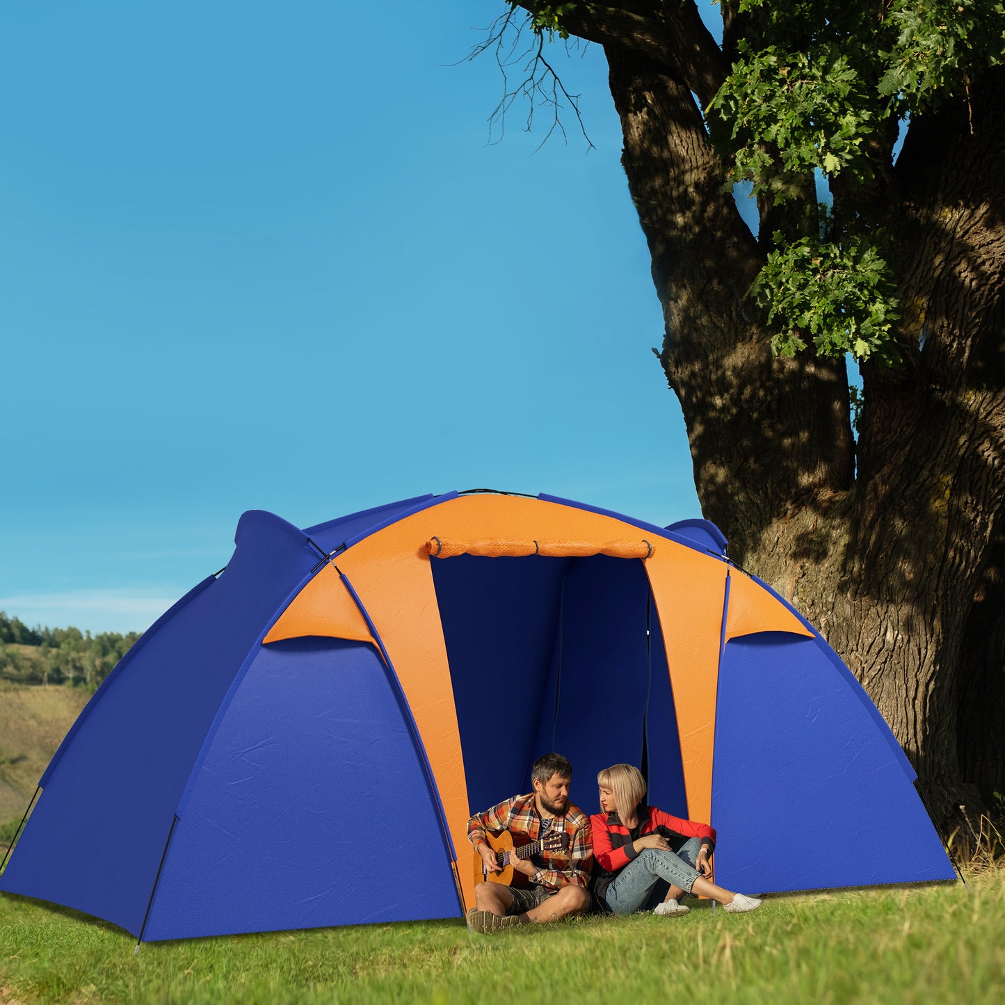 Outsunny Camping Tent with 2 Bedroom, Living Area and Porch, 4-6 Man Large Tunnel Tent, 2000mm Waterproof, Portable with Bag