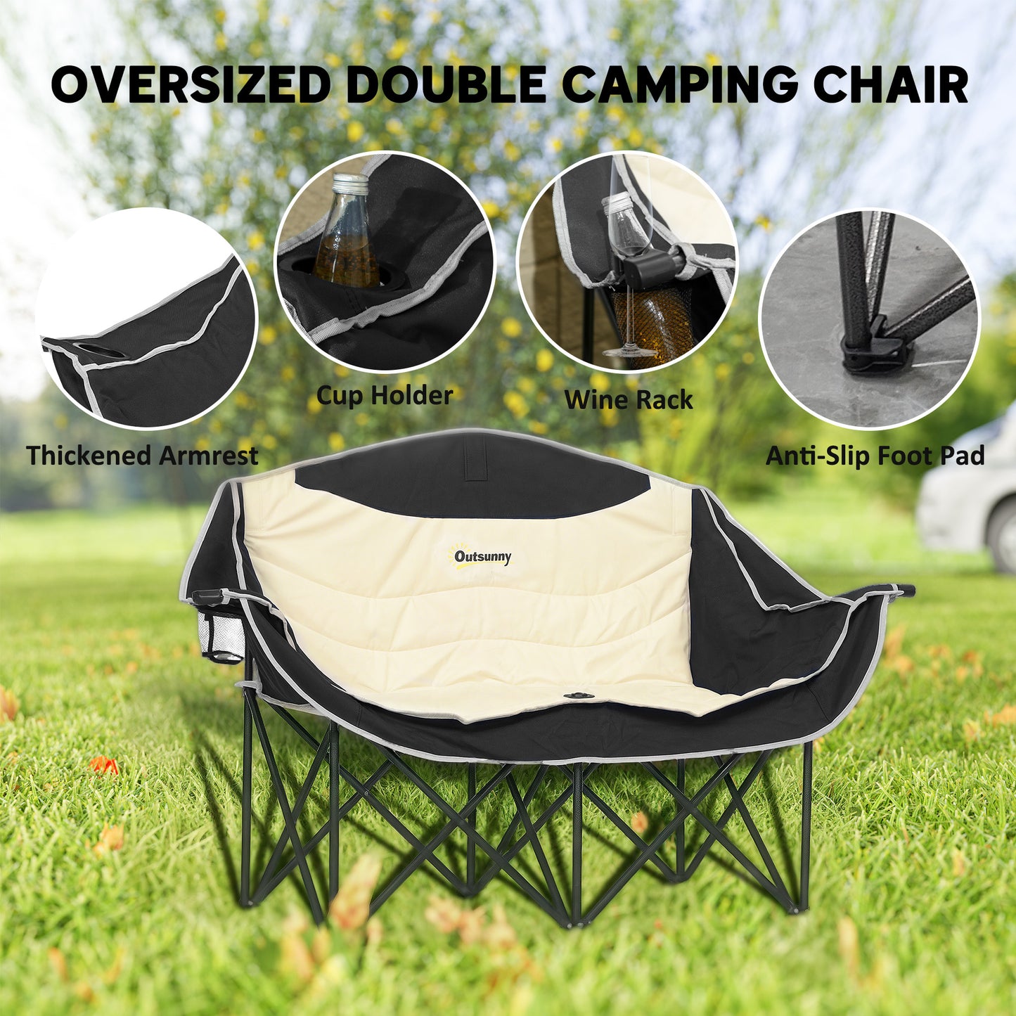 Outsunny Double Camping Chair for Adults, Oversized Heavy Duty Padded Folding Chair with Armrests, Cup Holders and Carry Bag for Outdoor Camping Hiking Picnic Fishing, 250kg Capacity