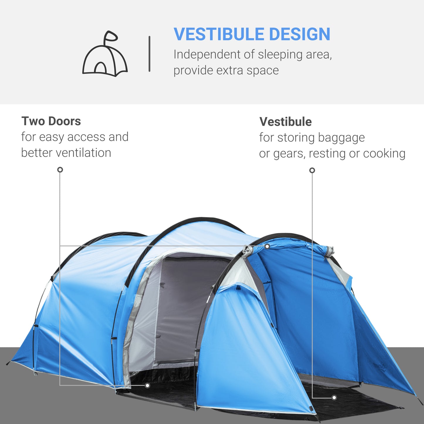 Outsunny 2-3 Man Tunnel Tent with Vestibule, Weather-Resistant Camping Tent with Air Vents for Fishing Hiking