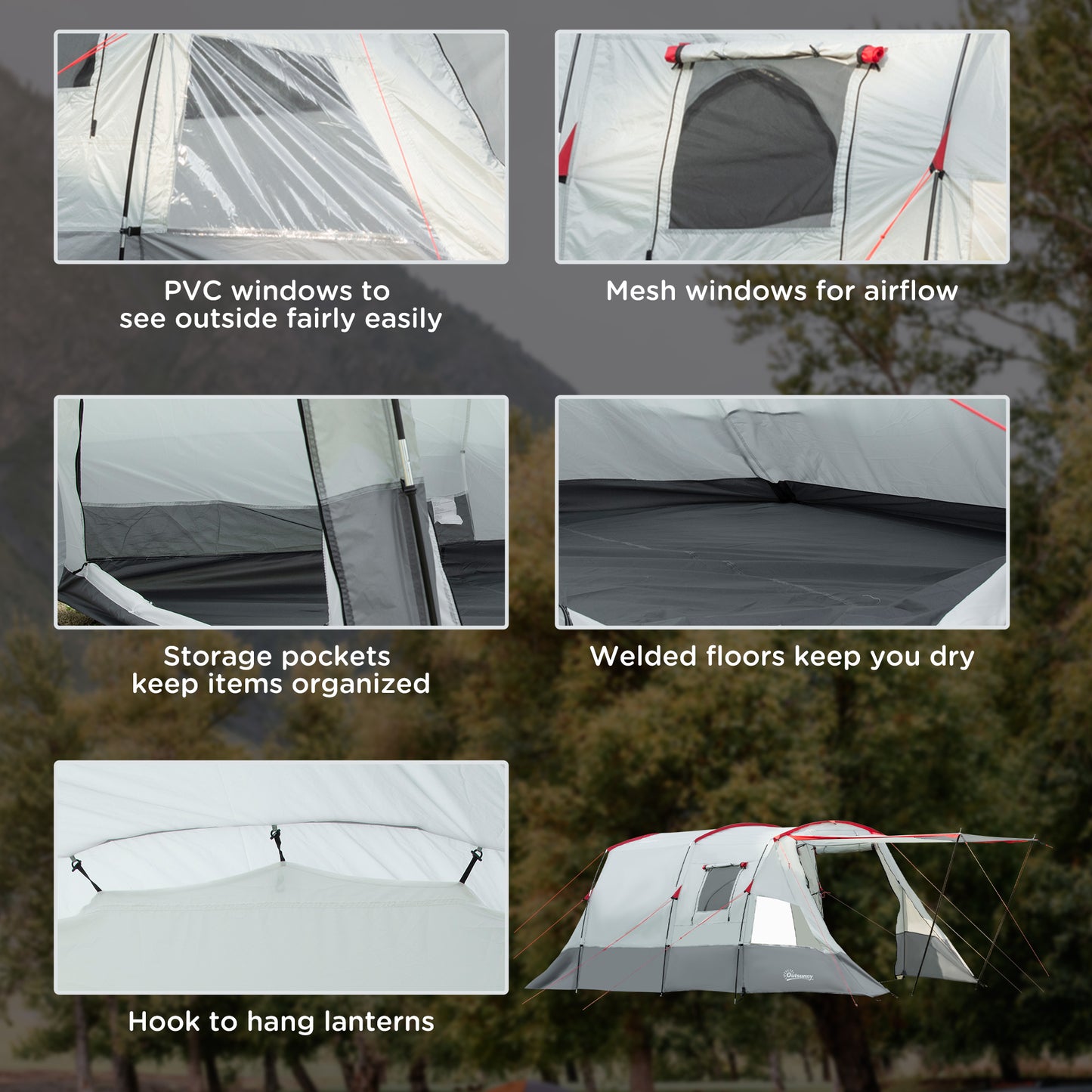 Outsunny 6-8 Person Tunnel Tent, Camping Tent with Bedroom, Living Room, Sewn-in Floor, 3 Doors and Carry Bag, 2000mm Water Column for Fishing, Hiking, Sports, and Traveling