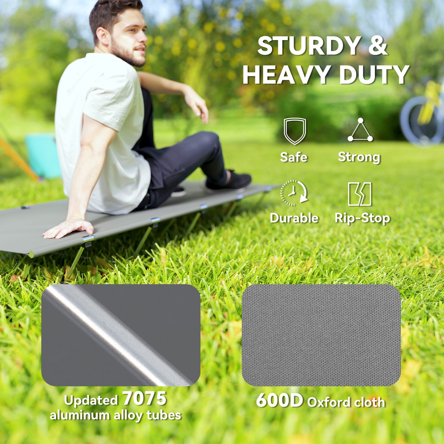Outsunny Lightweight Camping Bed, Aluminium Portable Camp Cot w/ Strong Support 150kg and Carry Bag for Camping