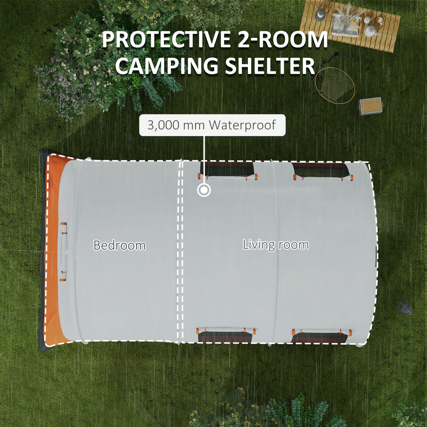 Outsunny 3000mm Waterproof Camping Tent, 5-6 Man Family Tent with Living and Bedroom, Carry Bag Included